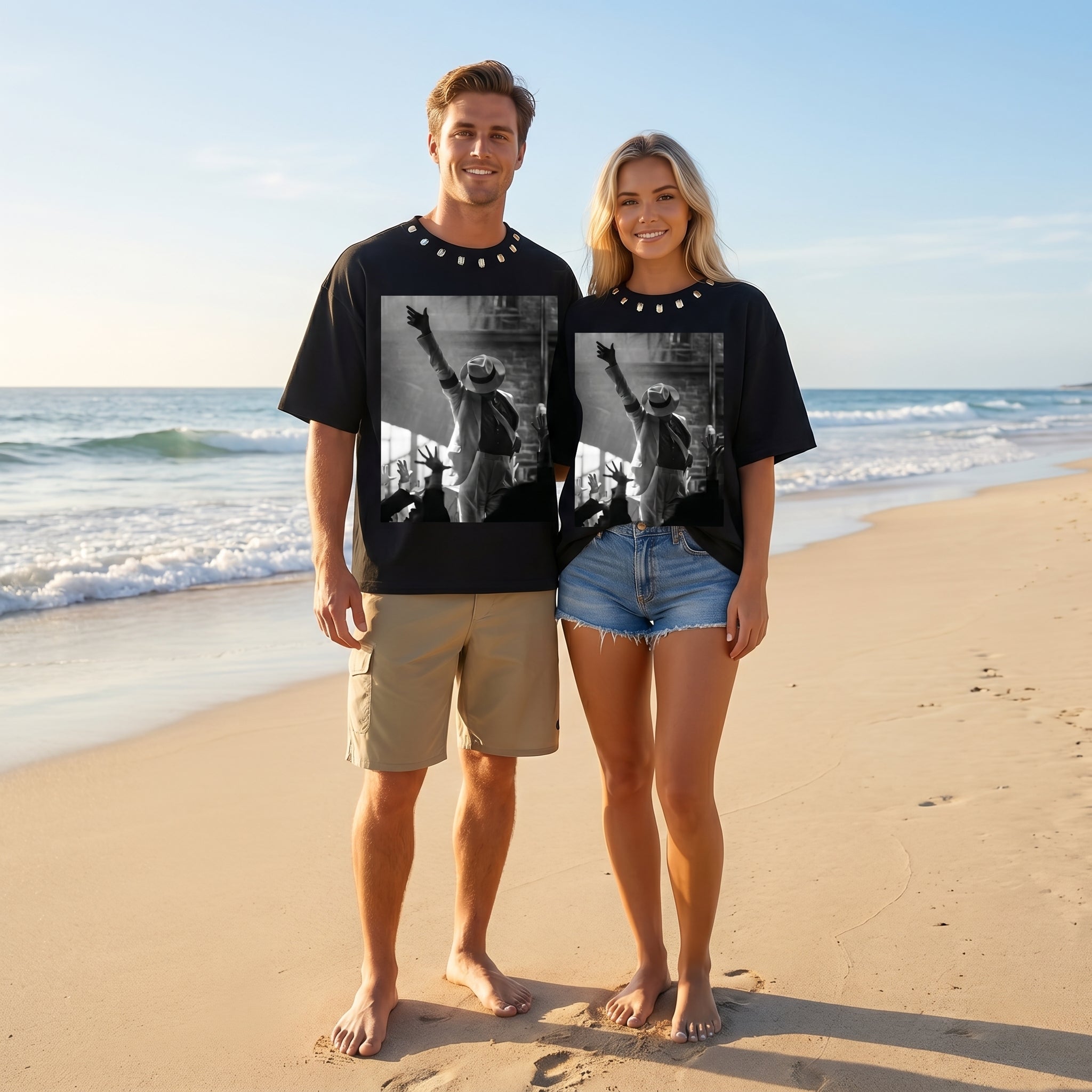 JEVPE Michael Jackson Stage Graphic Oversized T-Shirt | Black Cropped Studded Streetwear Tee