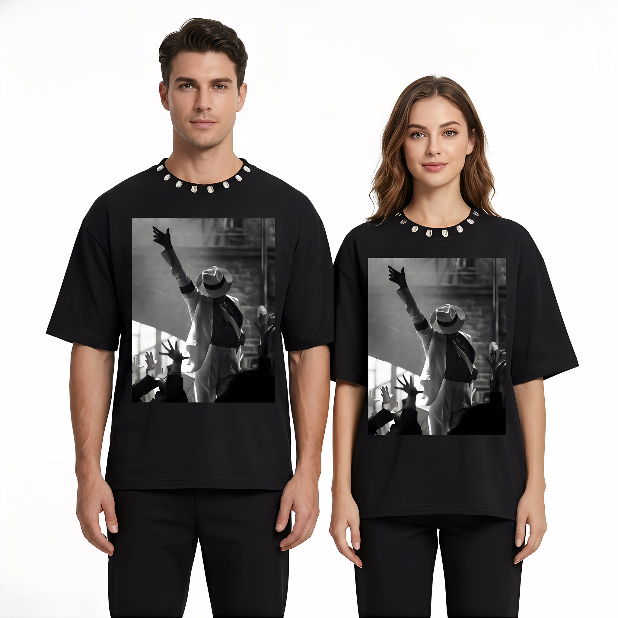 JEVPE Michael Jackson Stage Graphic Oversized T-Shirt | Black Cropped Studded Streetwear Tee