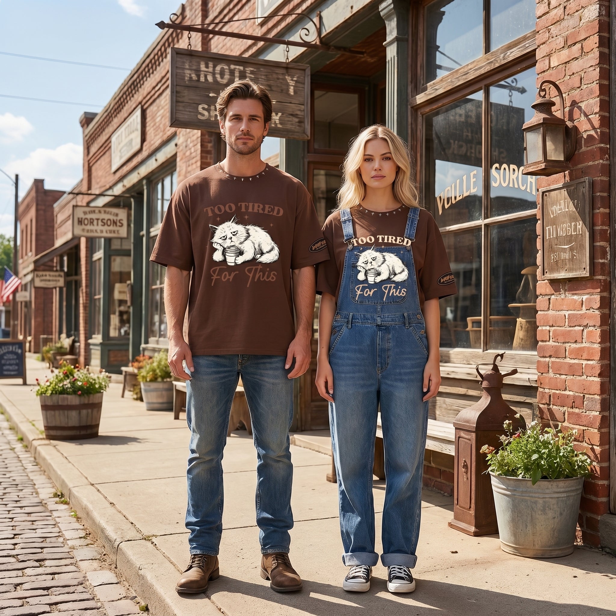 Brown oversized T-shirt featuring a grumpy cat graphic and "Too Tired For This" slogan, casual streetwear from JEVPE