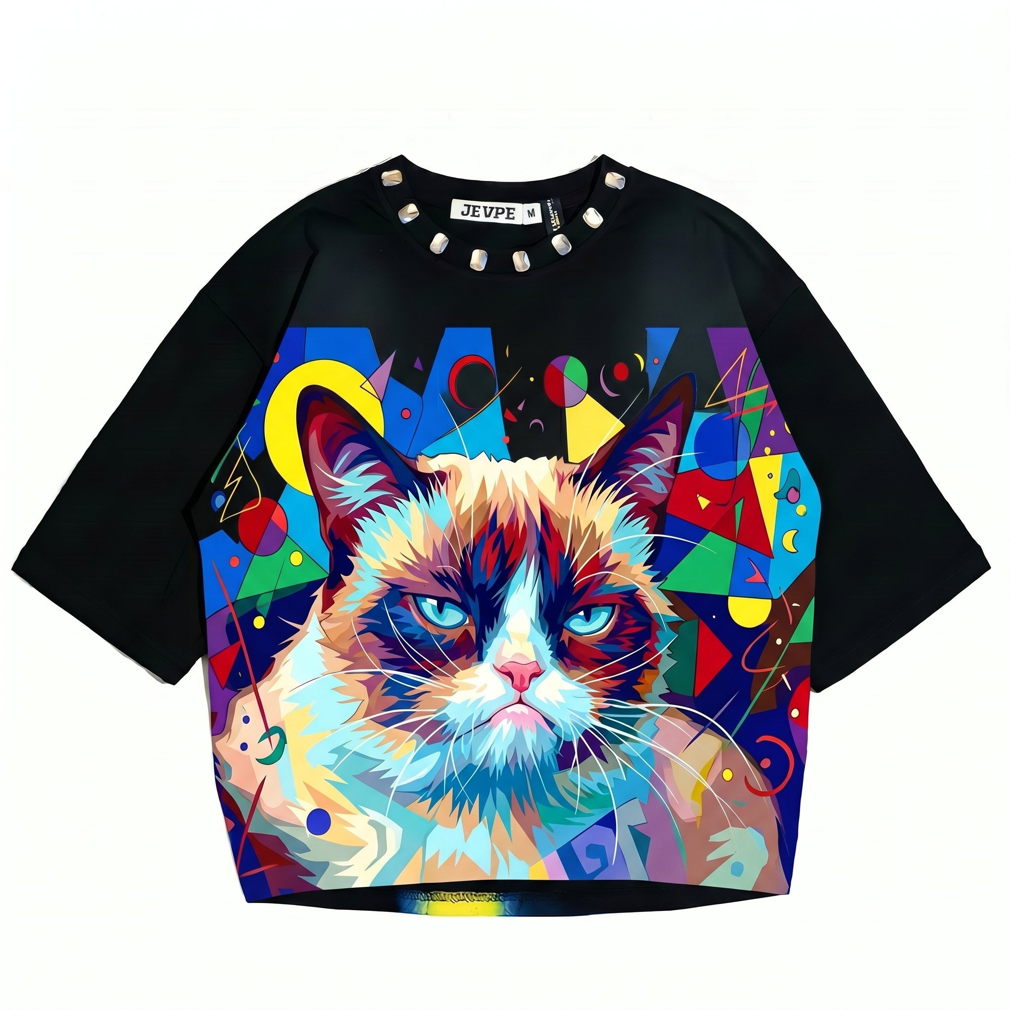 JEVPE Vibrant Grumpy Cat Graphic Oversized T-Shirt | Black Cropped Studded Streetwear Tee