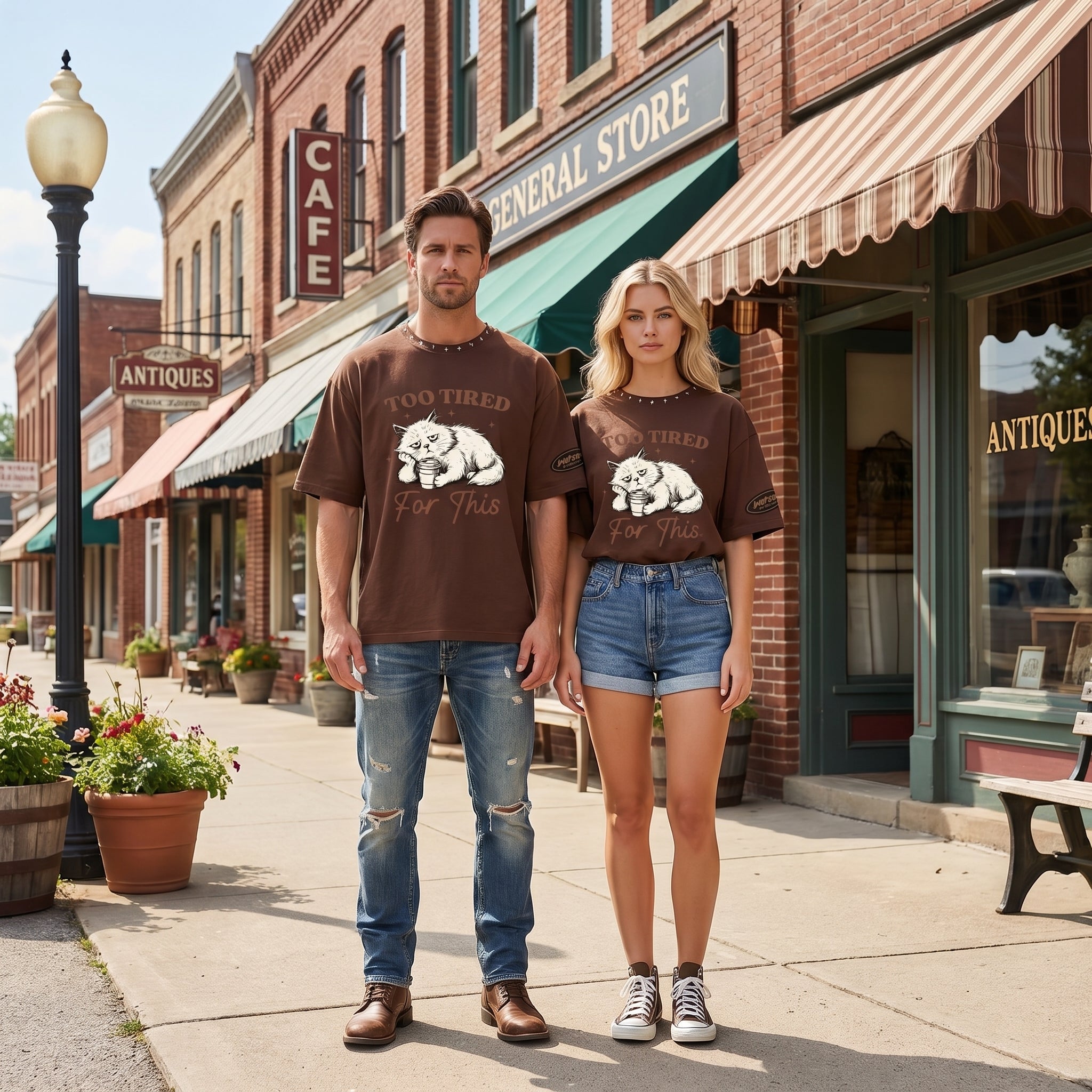 Brown oversized streetwear T-shirt featuring Grumpy Cat graphic with "Too Tired For This" slogan, by JEVPE.