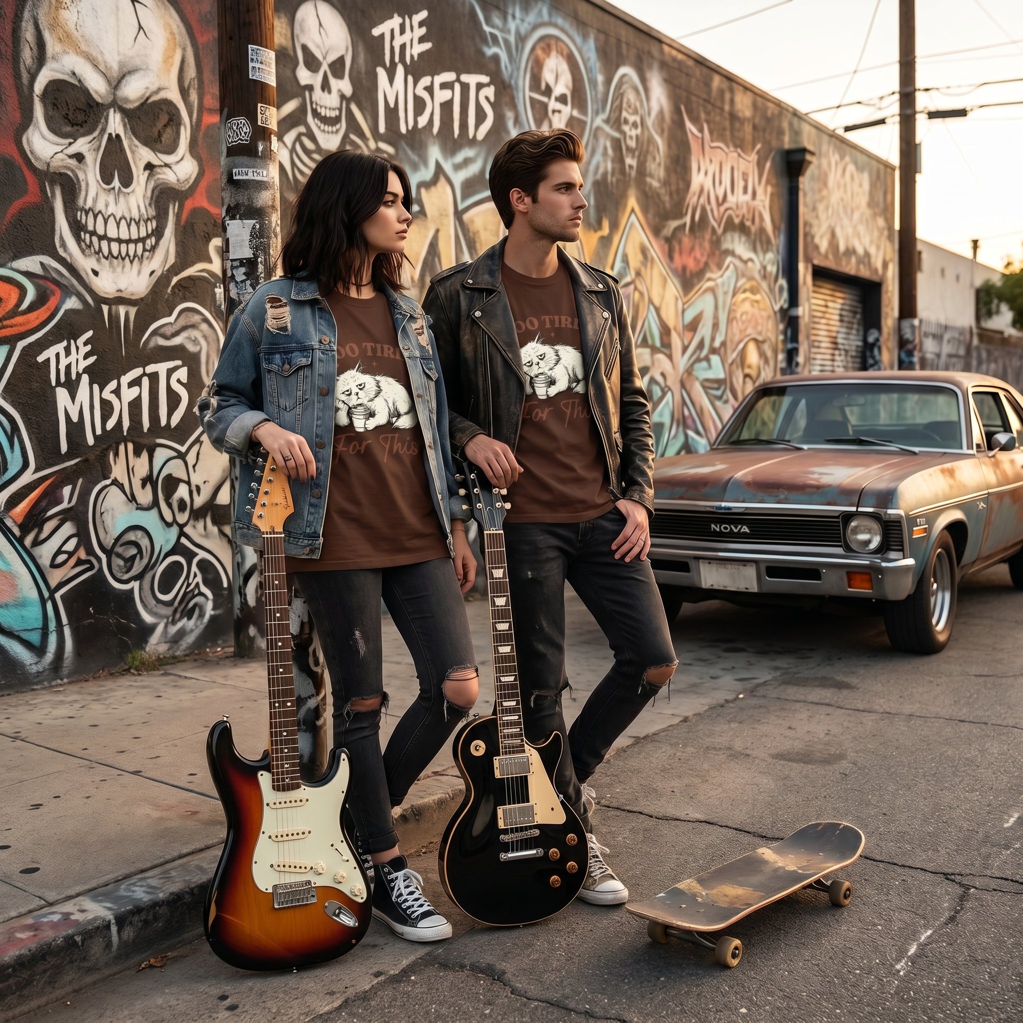 Brown oversized streetwear T-shirt featuring Grumpy Cat graphic and "Too Tired For This" slogan, by JEVPE.