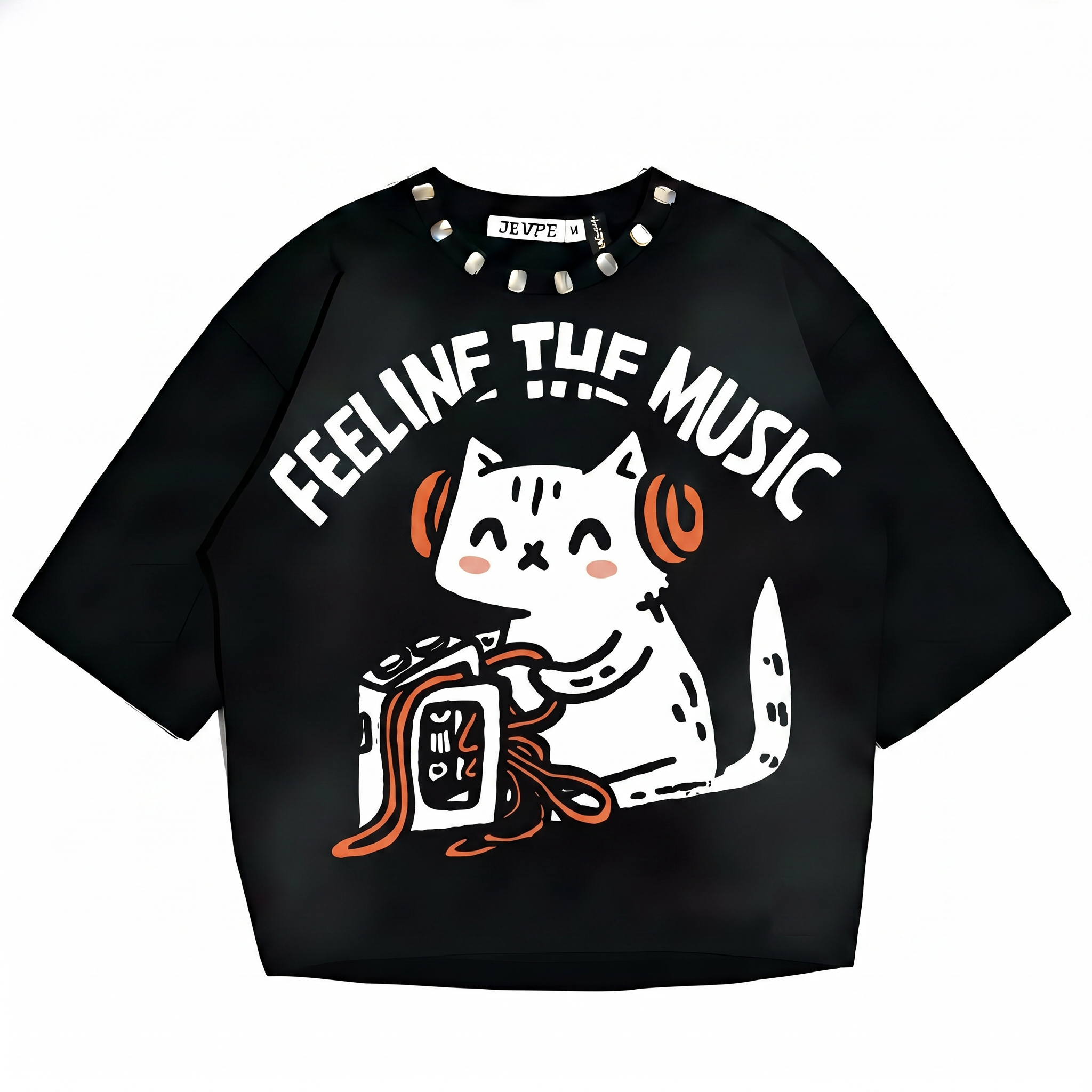 JEVPE "Feeline The Music" Cat Graphic Oversized T-Shirt | Black Cropped Studded Streetwear Tee