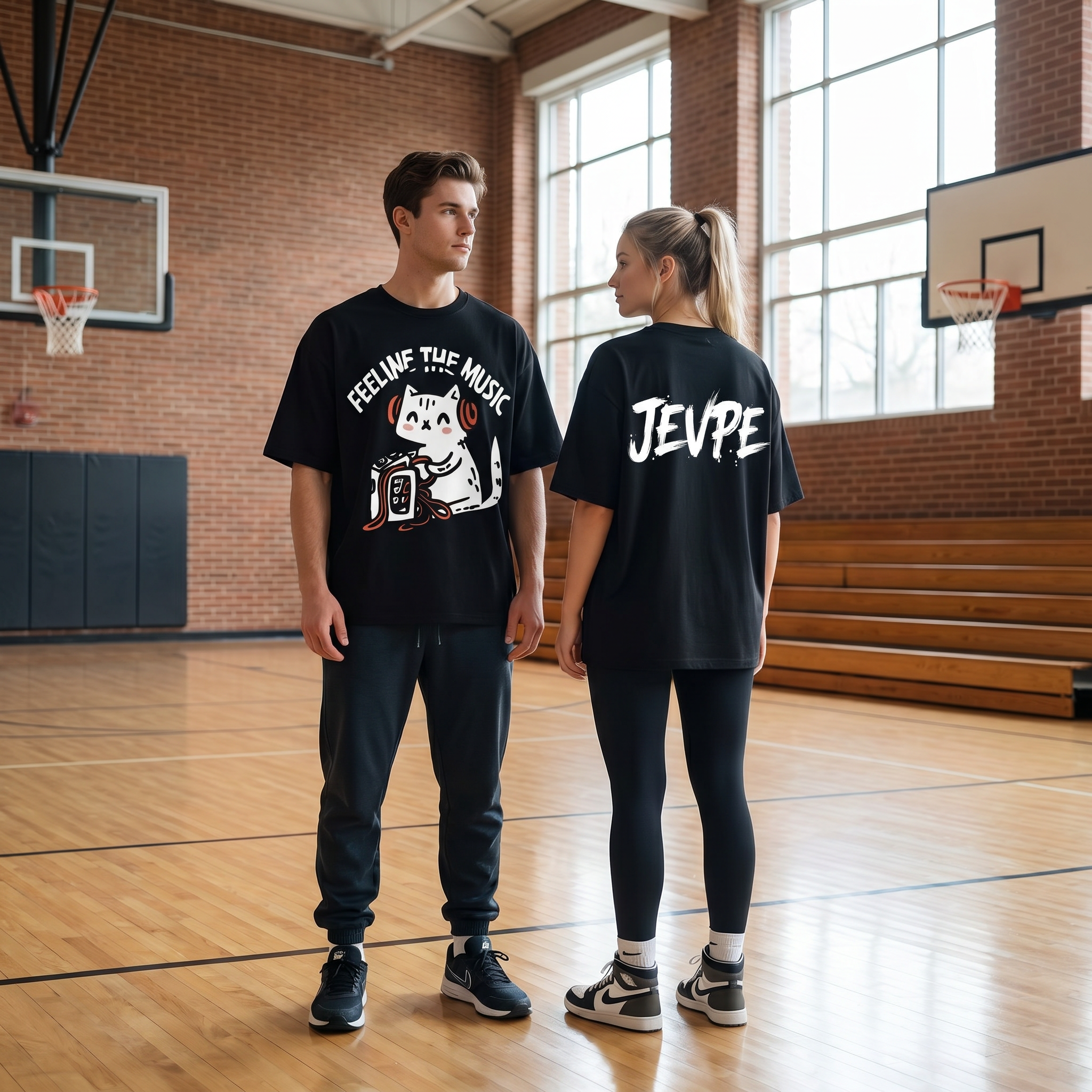 JEVPE "Feeline The Music" Cat Graphic Oversized T-Shirt | Black Cropped Studded Streetwear Tee