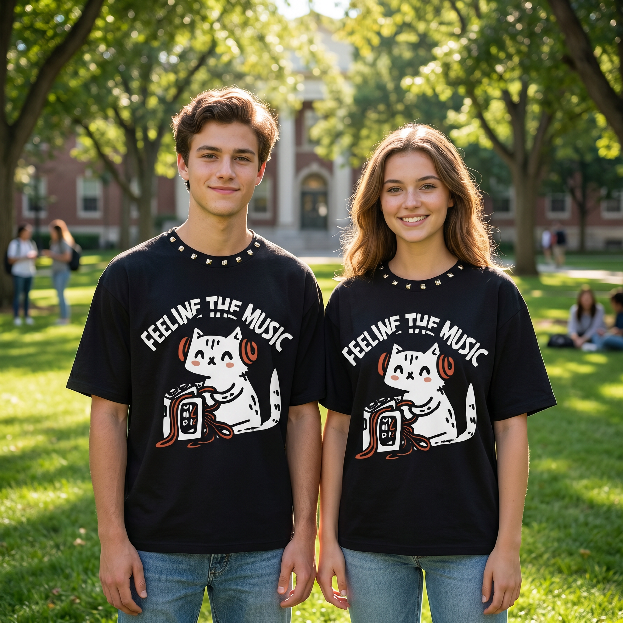 JEVPE "Feeline The Music" Cat Graphic Oversized T-Shirt | Black Cropped Studded Streetwear Tee