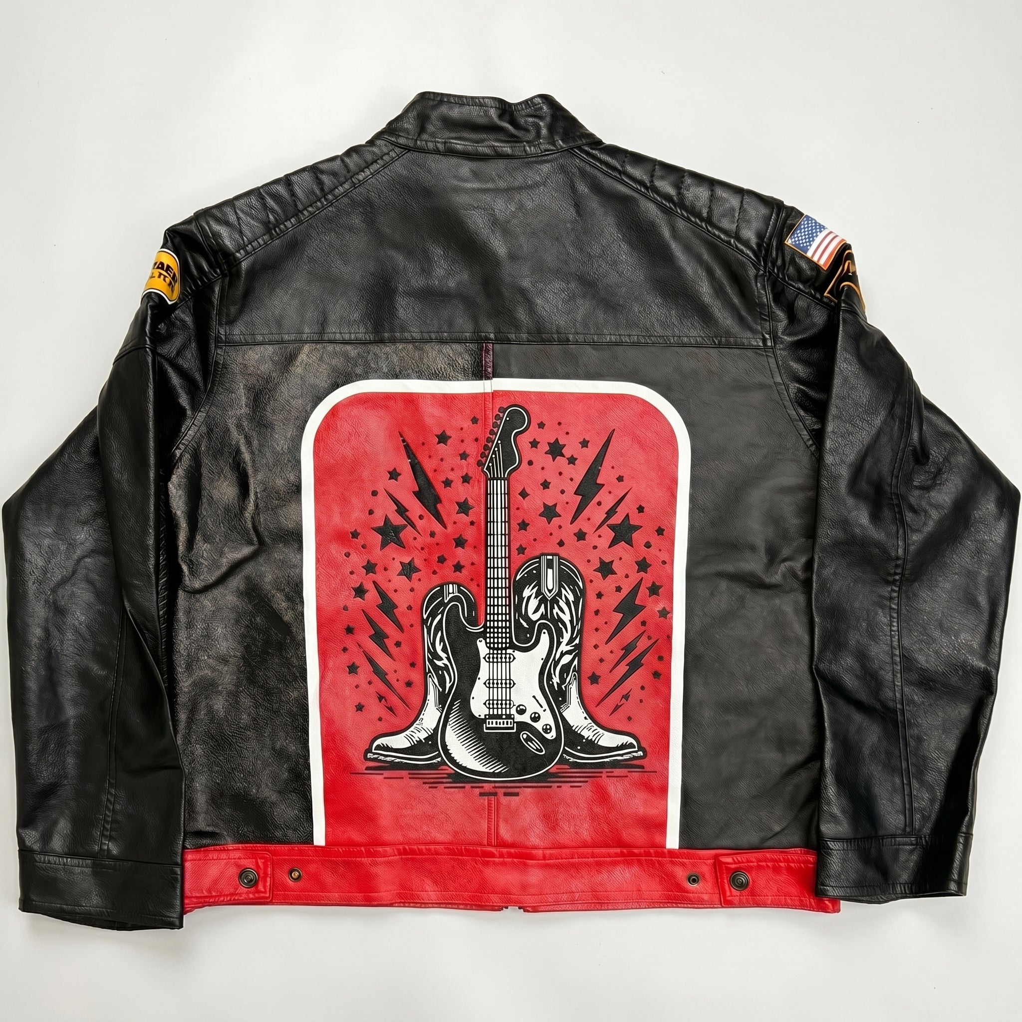 JEVPE Rock Guitar Print Biker Leather Jacket | Black & Red Studded Moto Coat