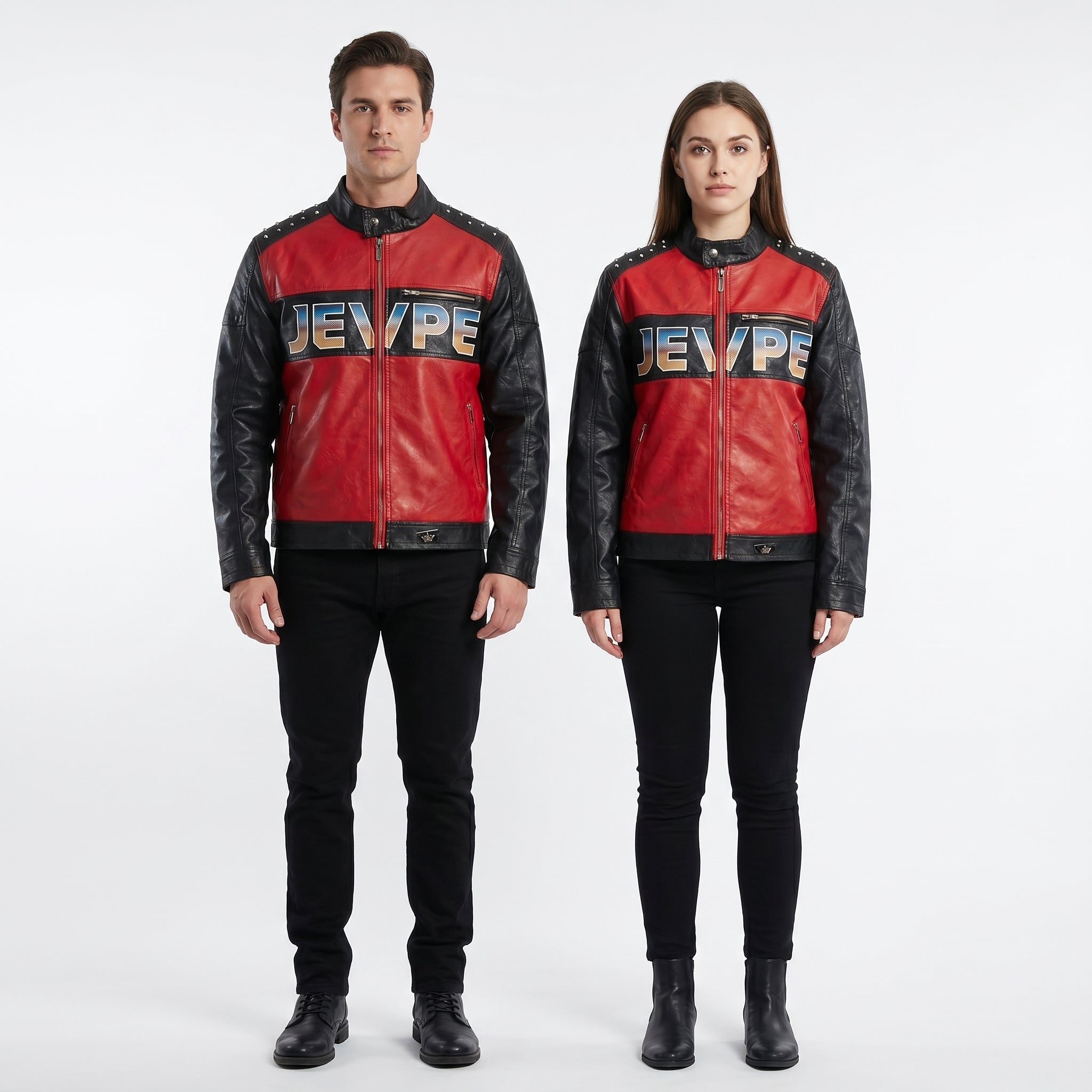 JEVPE Rock Guitar Print Biker Leather Jacket | Black & Red Studded Moto Coat