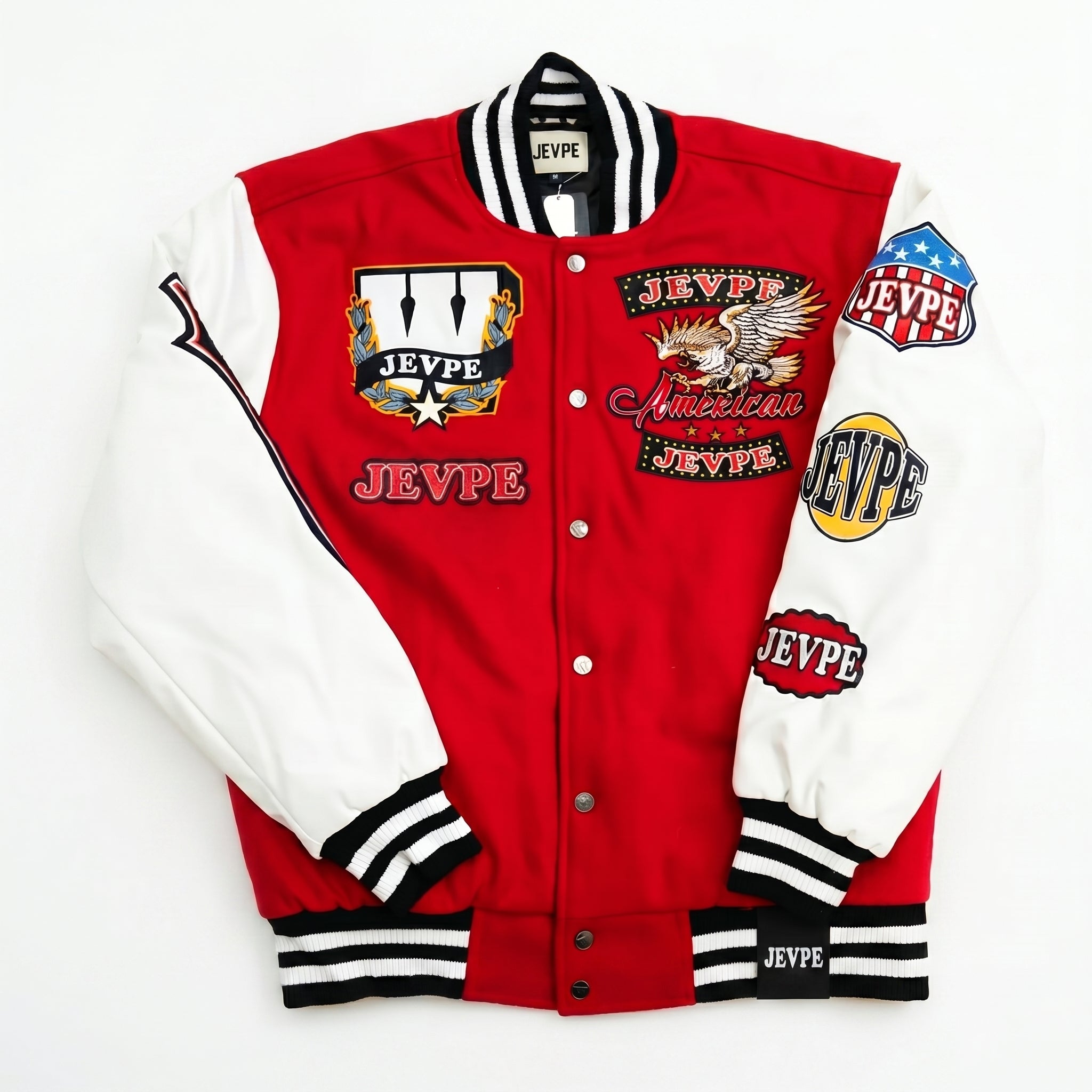 JEVPE Multi-Patch American Eagle Embroidered Varsity Jacket | Red & White Streetwear Bomber Coat