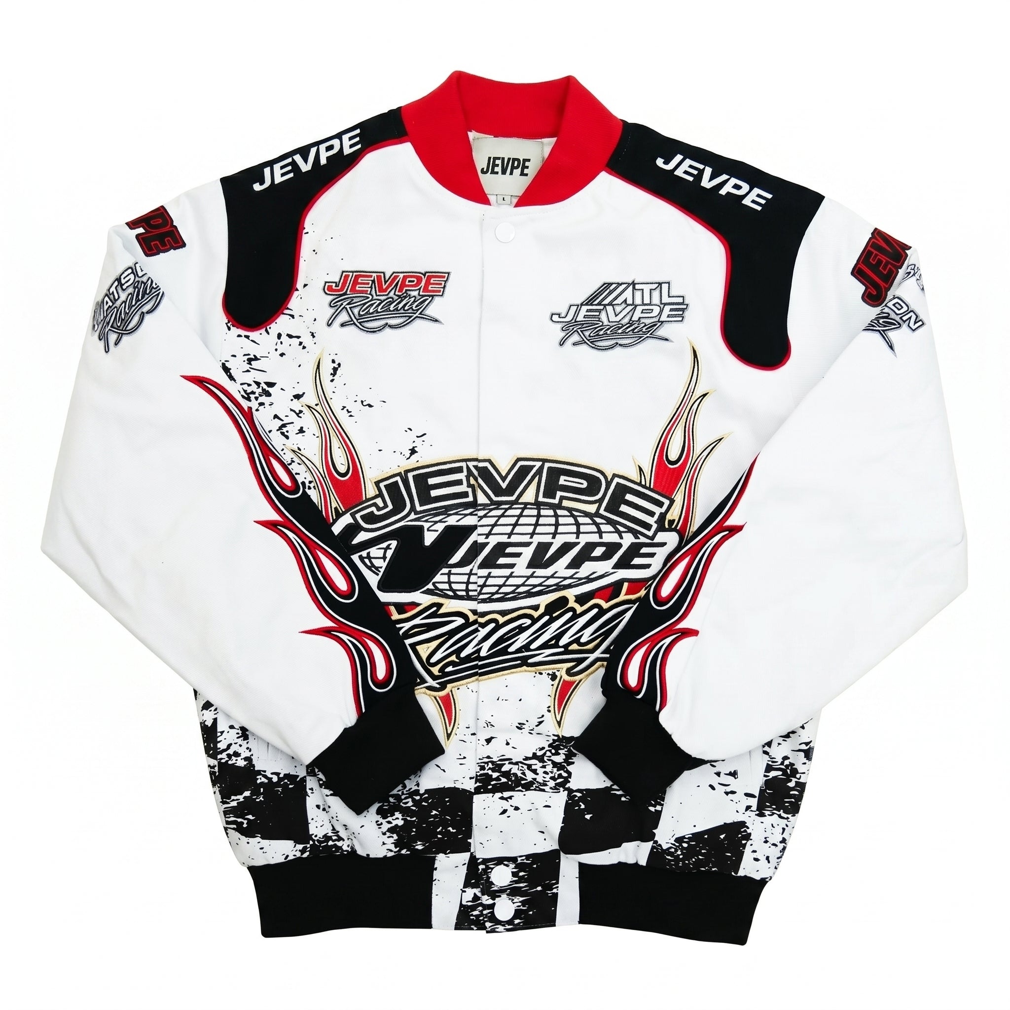 JEVPE Racing Flame Print Bomber Jacket | White & Red Streetwear Moto Coat