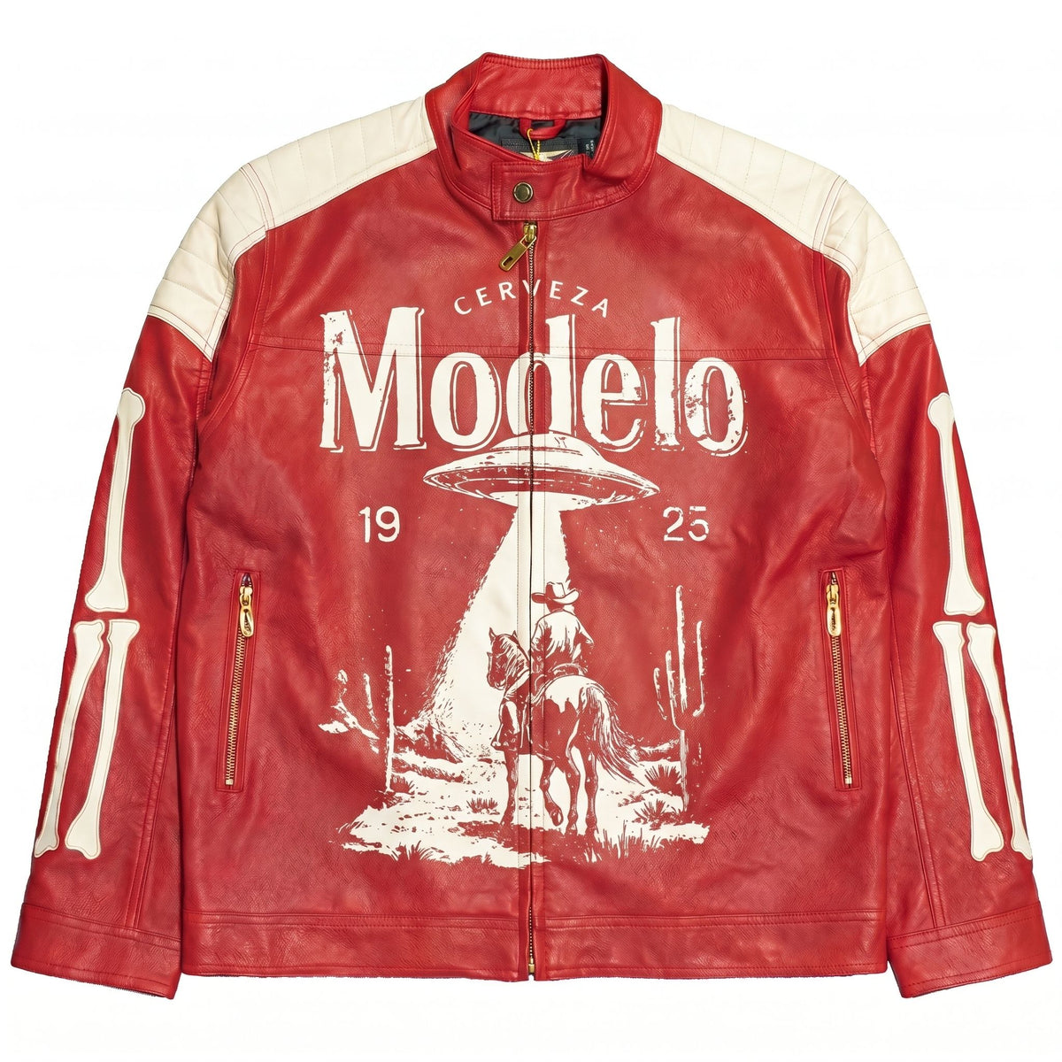 Modelo UFO Cowboy Western Print Biker Leather Jacket by JEVPE