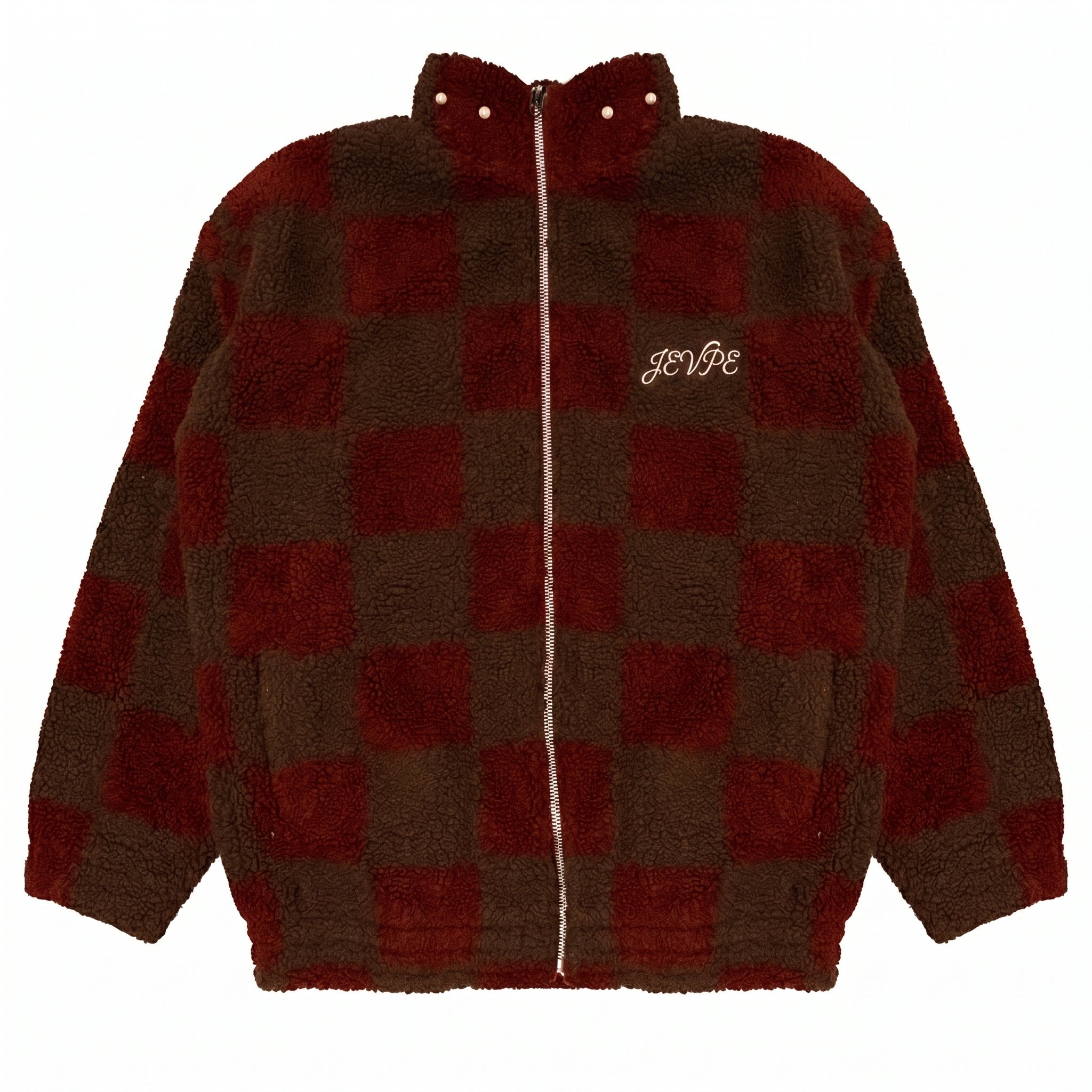 JEVPE Brown & Red Checkered Sherpa Fleece Jacket | Cozy Streetwear Zip-Up Coat