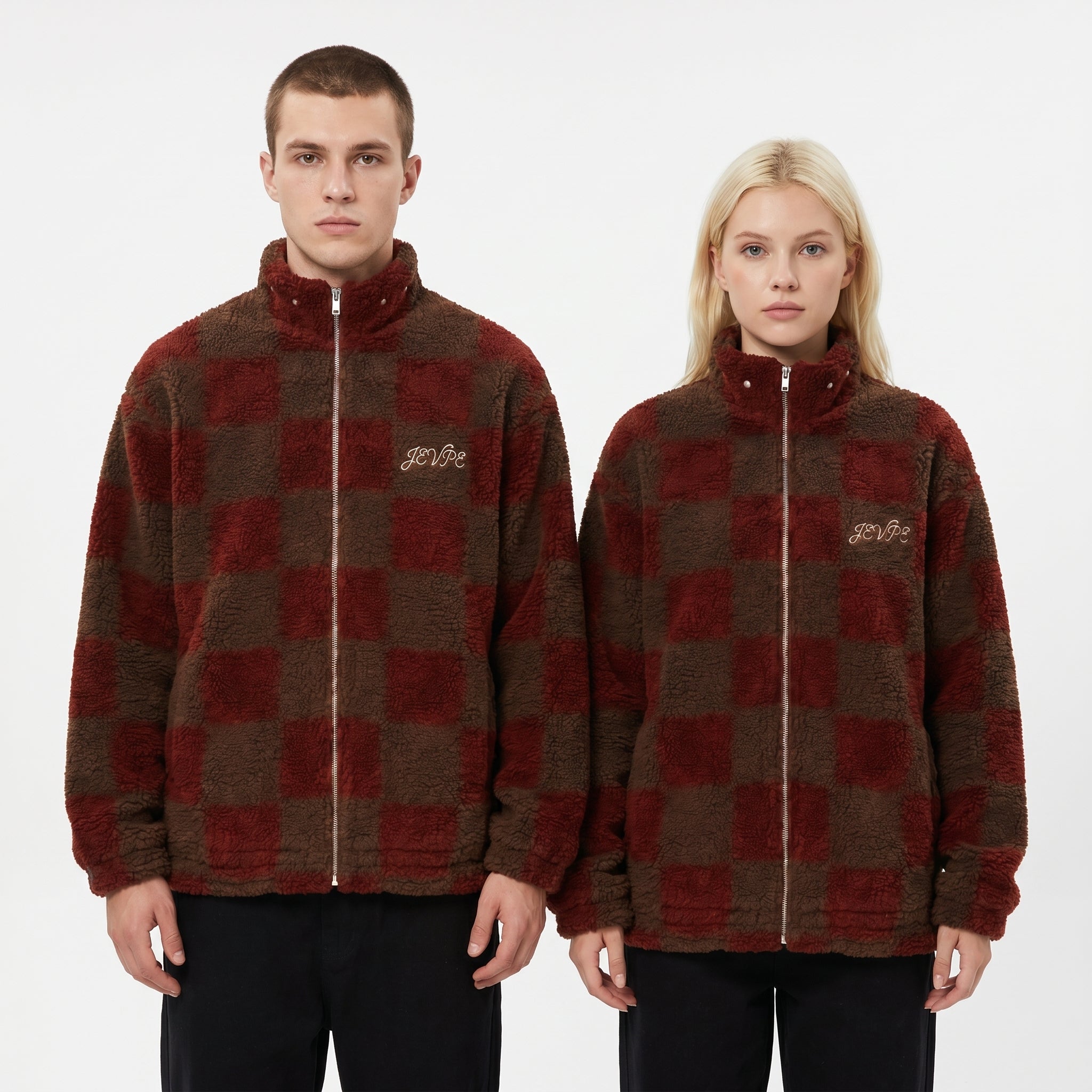 JEVPE Brown & Red Checkered Sherpa Fleece Jacket | Cozy Streetwear Zip-Up Coat