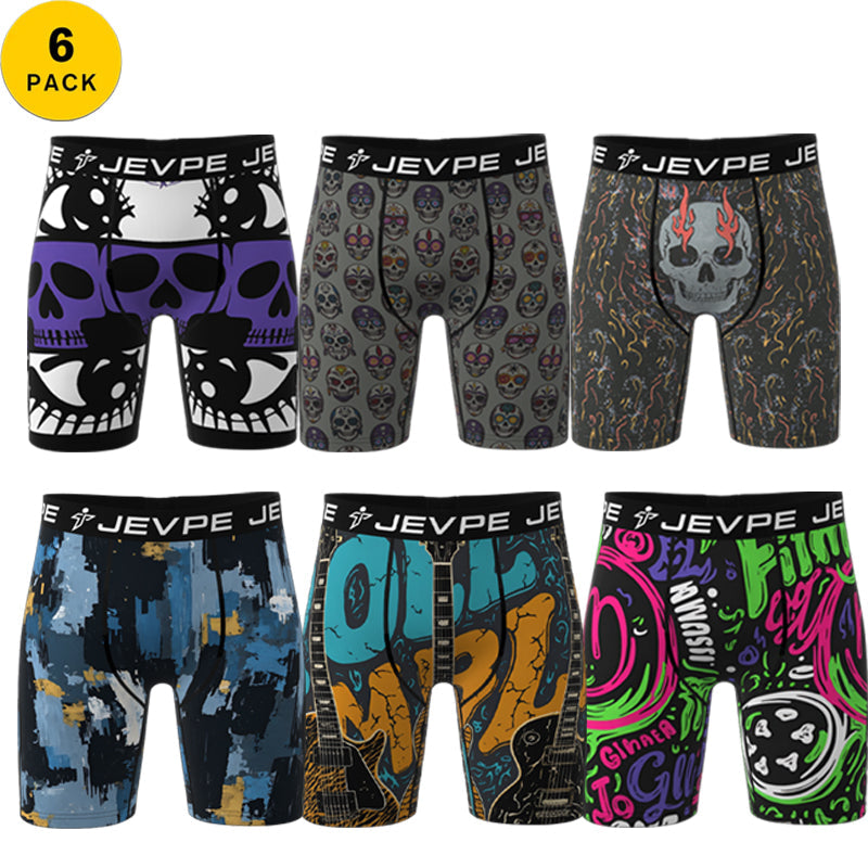 JEVPE men's 6-pack cartoon tie-dye striped boxer briefs made of soft, breathable polyester blend in vibrant colors.