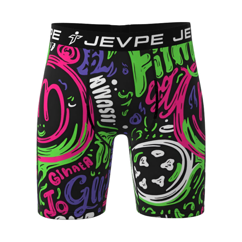 JEVPE men's 6-pack cartoon tie-dye striped boxer briefs made of soft breathable polyester blend, colorful casual underwear set.