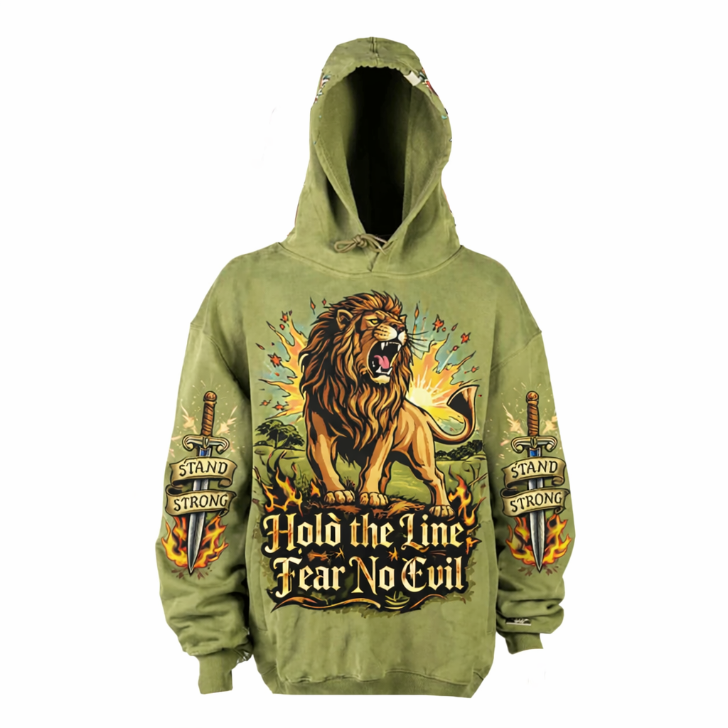JEVPE men's oversized hoodie featuring a roaring lion graphic and "Hold The Line" vintage streetwear design.
