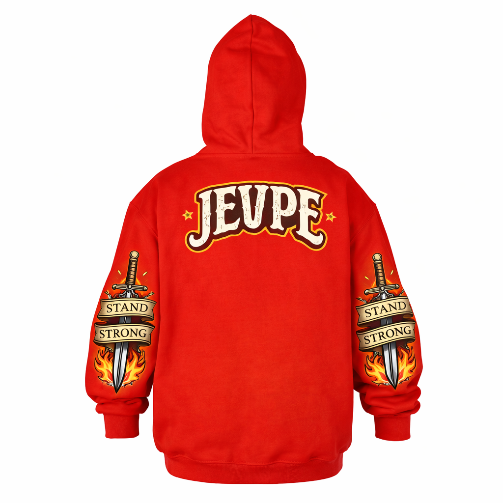 Men's oversized red hoodie from JEVPE featuring a roaring lion graphic and "Hold The Line" vintage streetwear design.