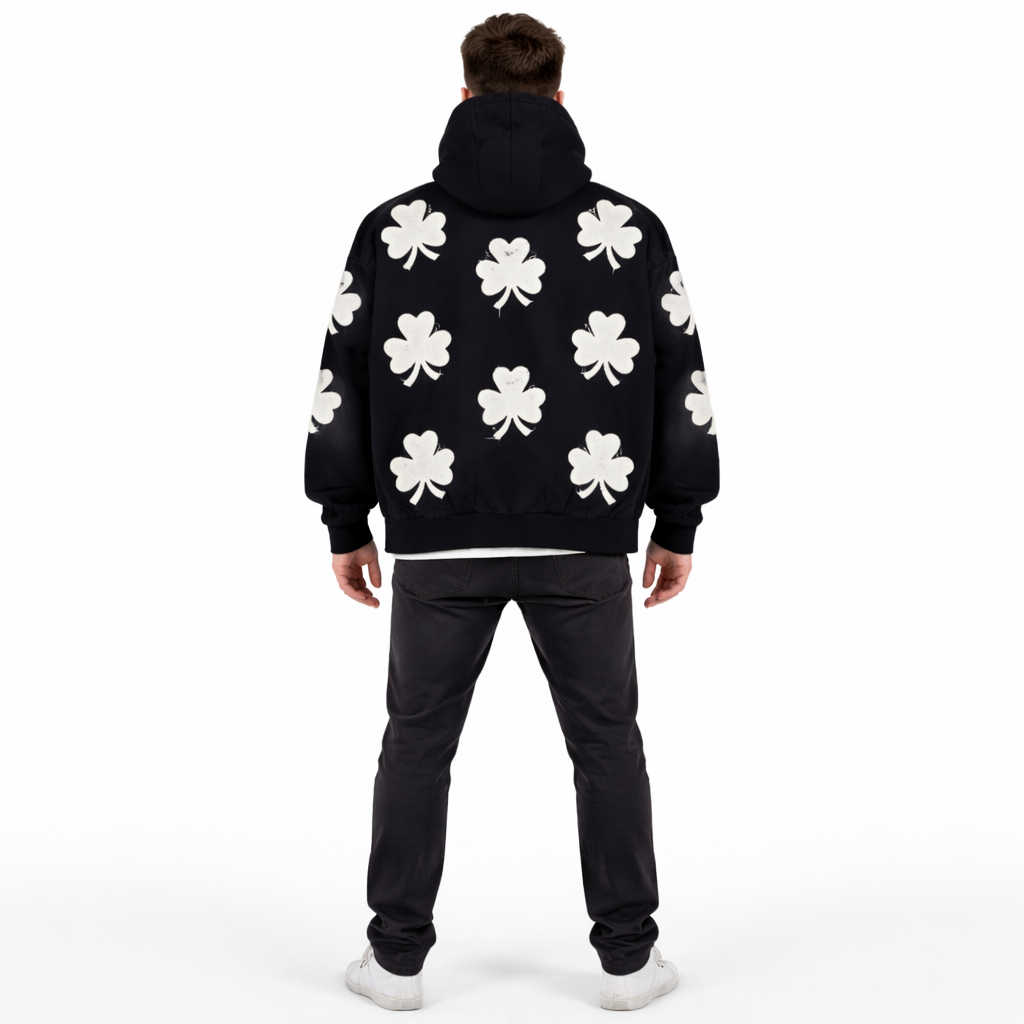 JEVPE men's oversized black Clover hoodie featuring vintage streetwear style, with a relaxed fit and bold graphic design.