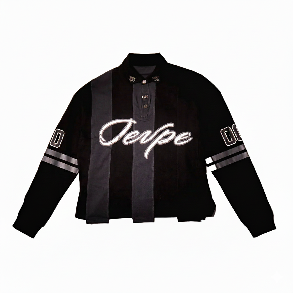 JEVPE black and dark gray striped rugby shirt with script graphic design and long sleeves, casual athletic style.