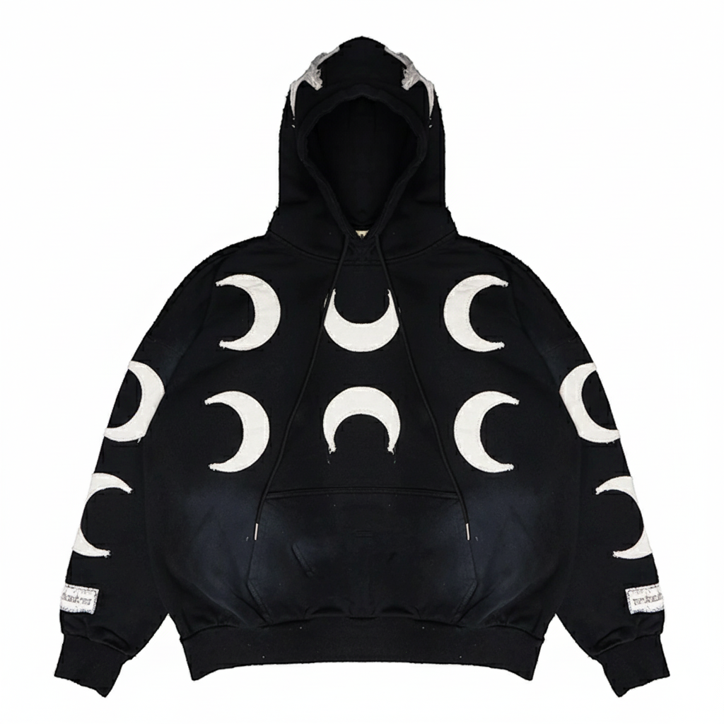Black oversized men's hoodie by JEVPE featuring a distressed crescent moon graphic, vintage streetwear style.