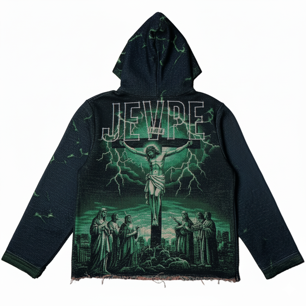 Green Gothic streetwear hoodie by JEVPE featuring an oversized Jesus crucifixion tapestry design with lightning details.
