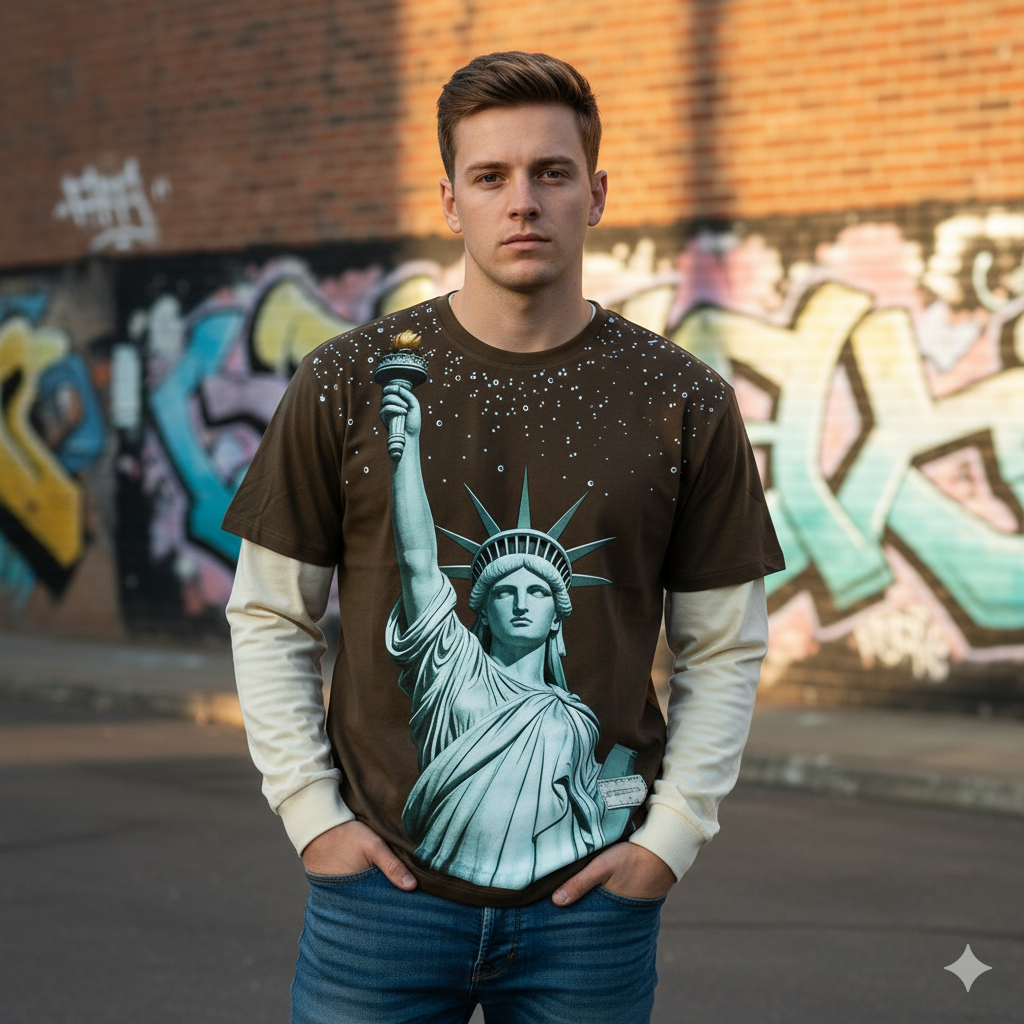 JEVPE men's oversized Statue of Liberty graphic long sleeve T-shirt with bold Statue of Liberty design on black fabric.