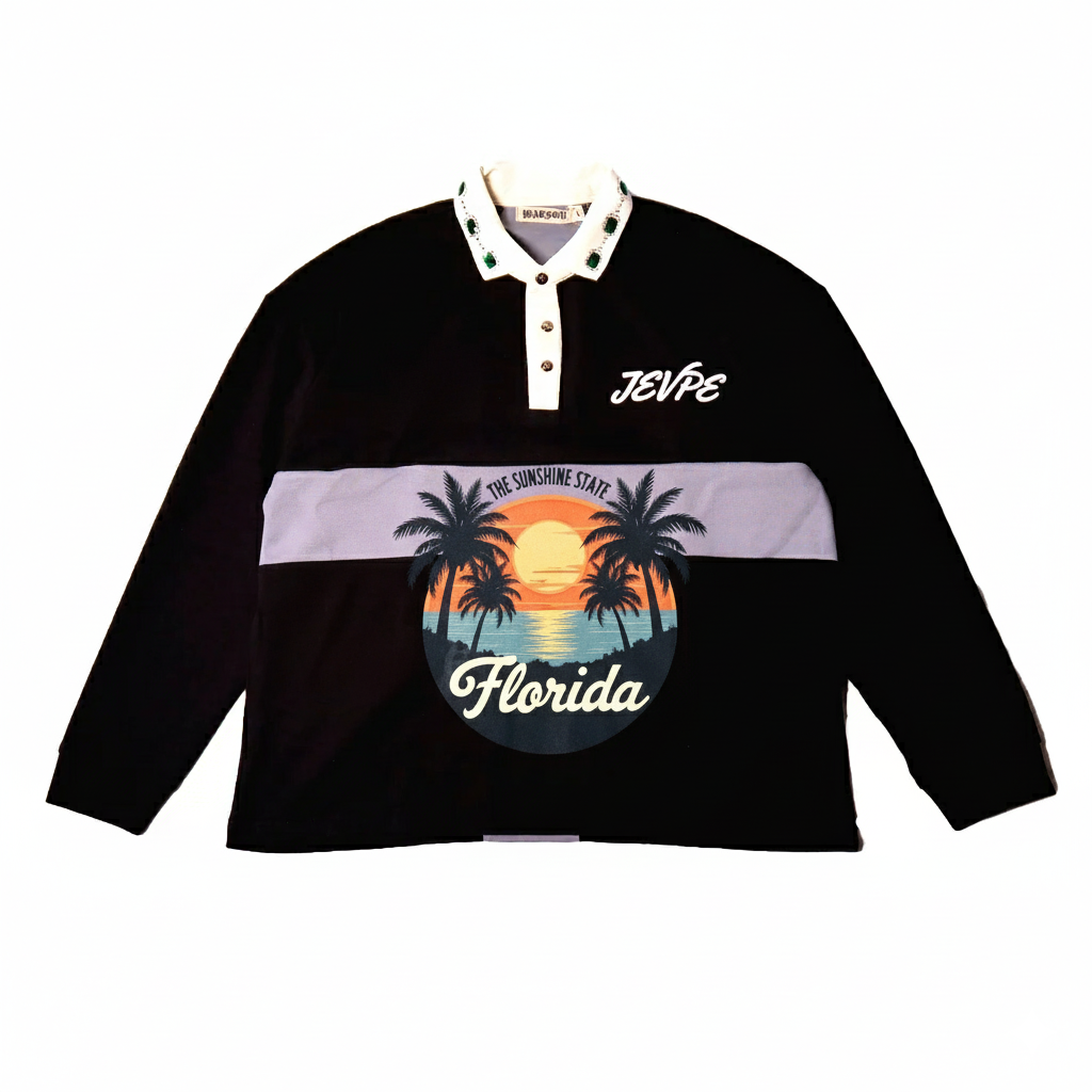 JEVPE Florida Sunshine State Series men's oversized vintage long sleeve rugby polo shirt with rhinestone embellished collar