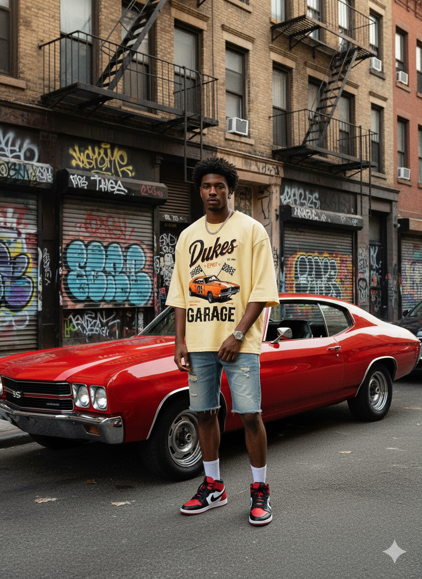 JEVPE Dukes Garage racing car graphic oversized beige T-shirt featuring vintage muscle car design and casual fit.