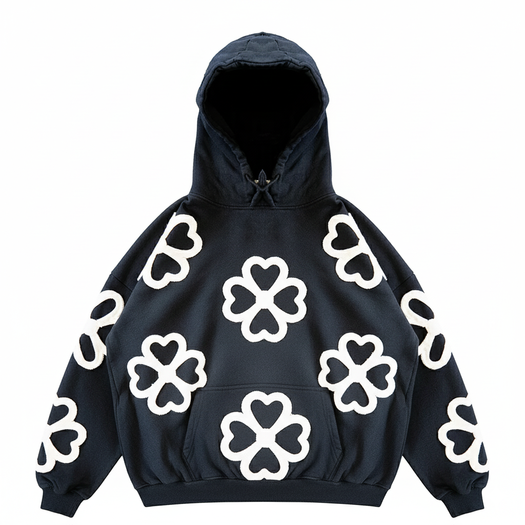 JEVPE unisex oversized hoodie featuring a large 4-leaf clover and heart streetwear design, soft fabric, and casual style