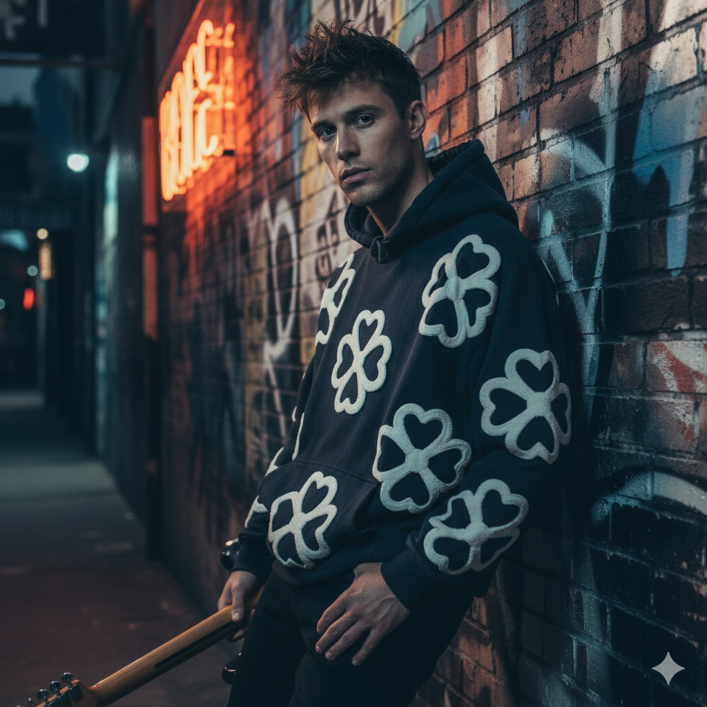Unisex oversized hoodie by JEVPE featuring a large 4-leaf clover and heart streetwear design in vibrant colors.