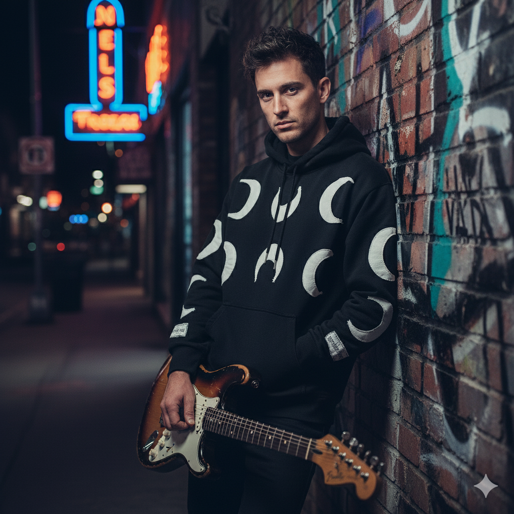 Black oversized men's hoodie by JEVPE featuring a vintage distressed crescent moon graphic on the front.
