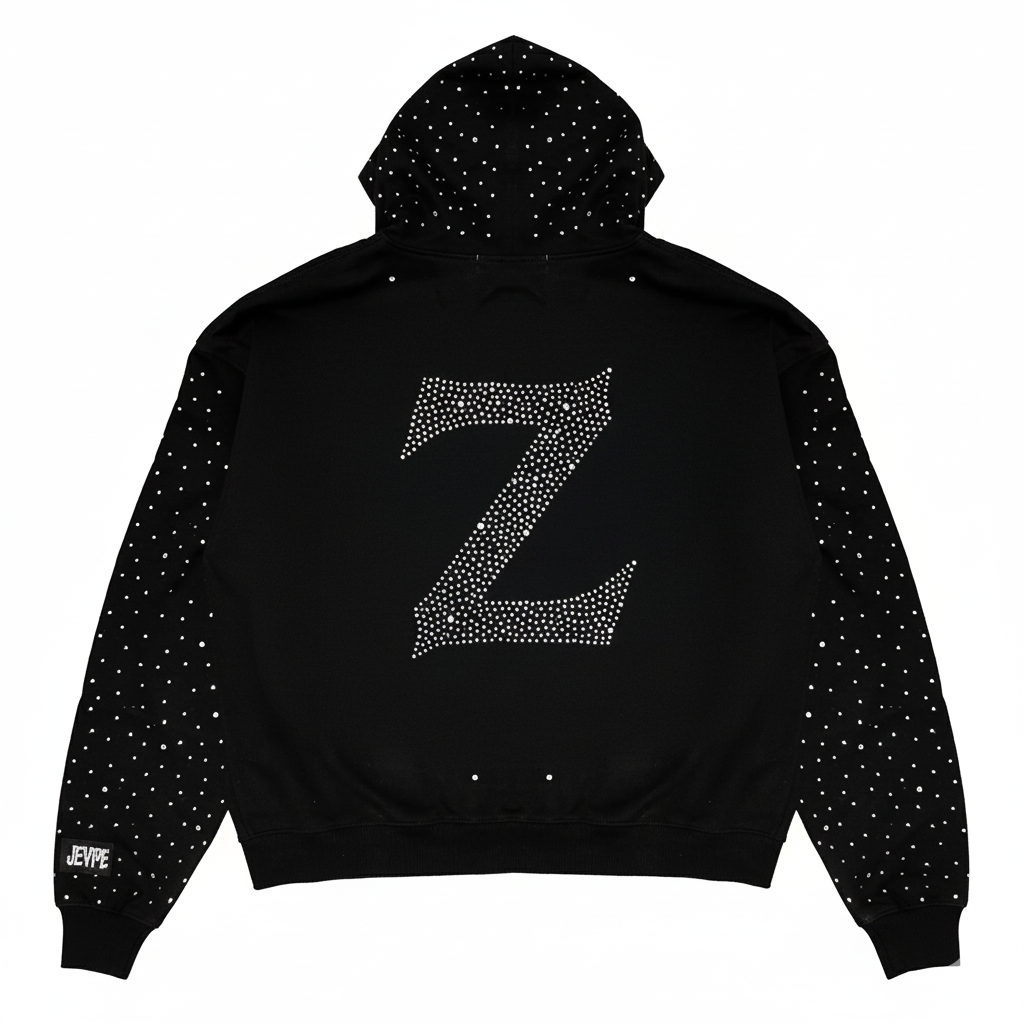 Black oversized JEVPE streetwear hoodie with sparkling rhinestones, full-zip front and casual fit, perfect for trendy street style.