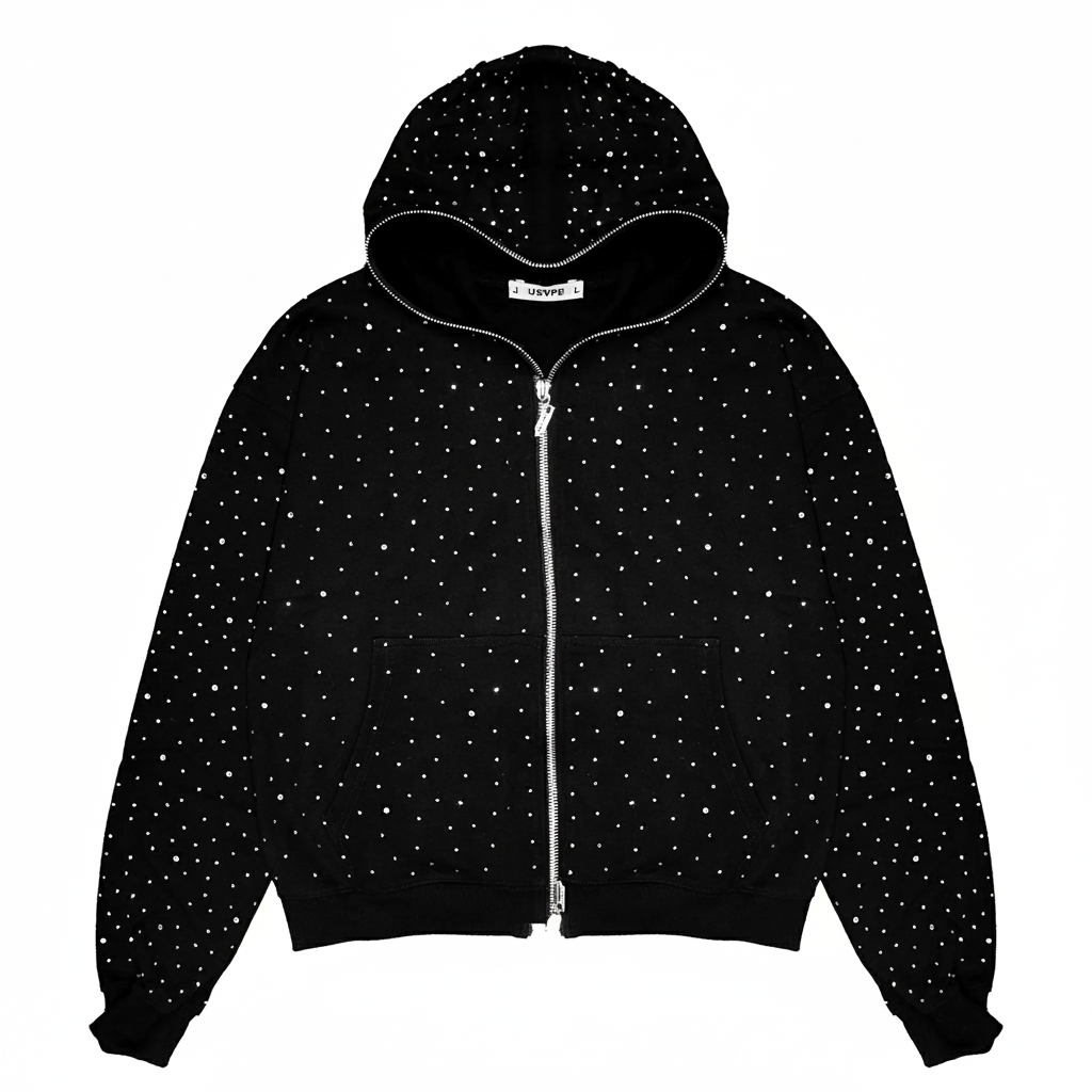 Black oversized streetwear hoodie by JEVPE with sparkle rhinestones, full-zip front, and casual fit.