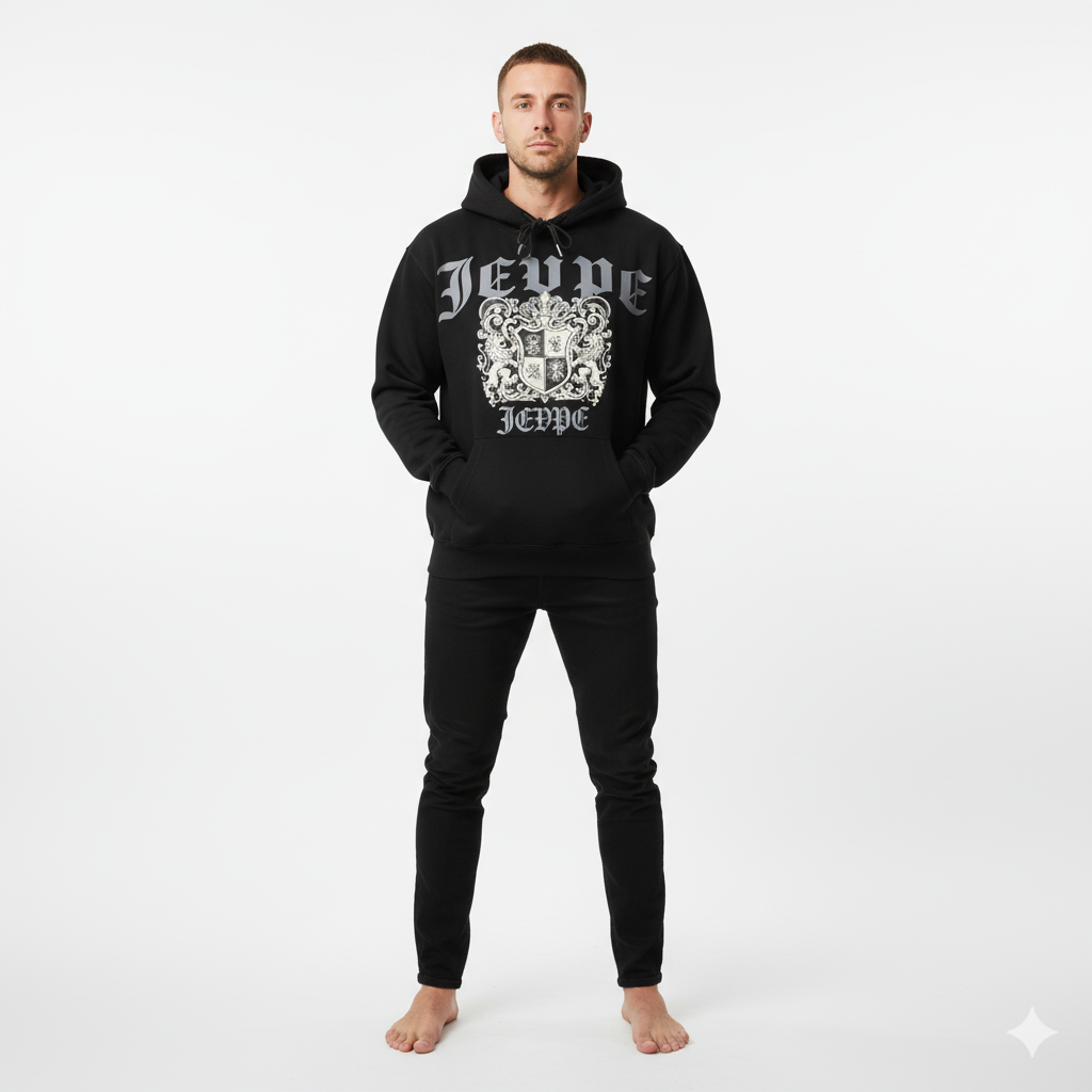 JEVPE men's oversized black gothic crest hoodie with vintage streetwear style, featuring a large crest graphic on the front.