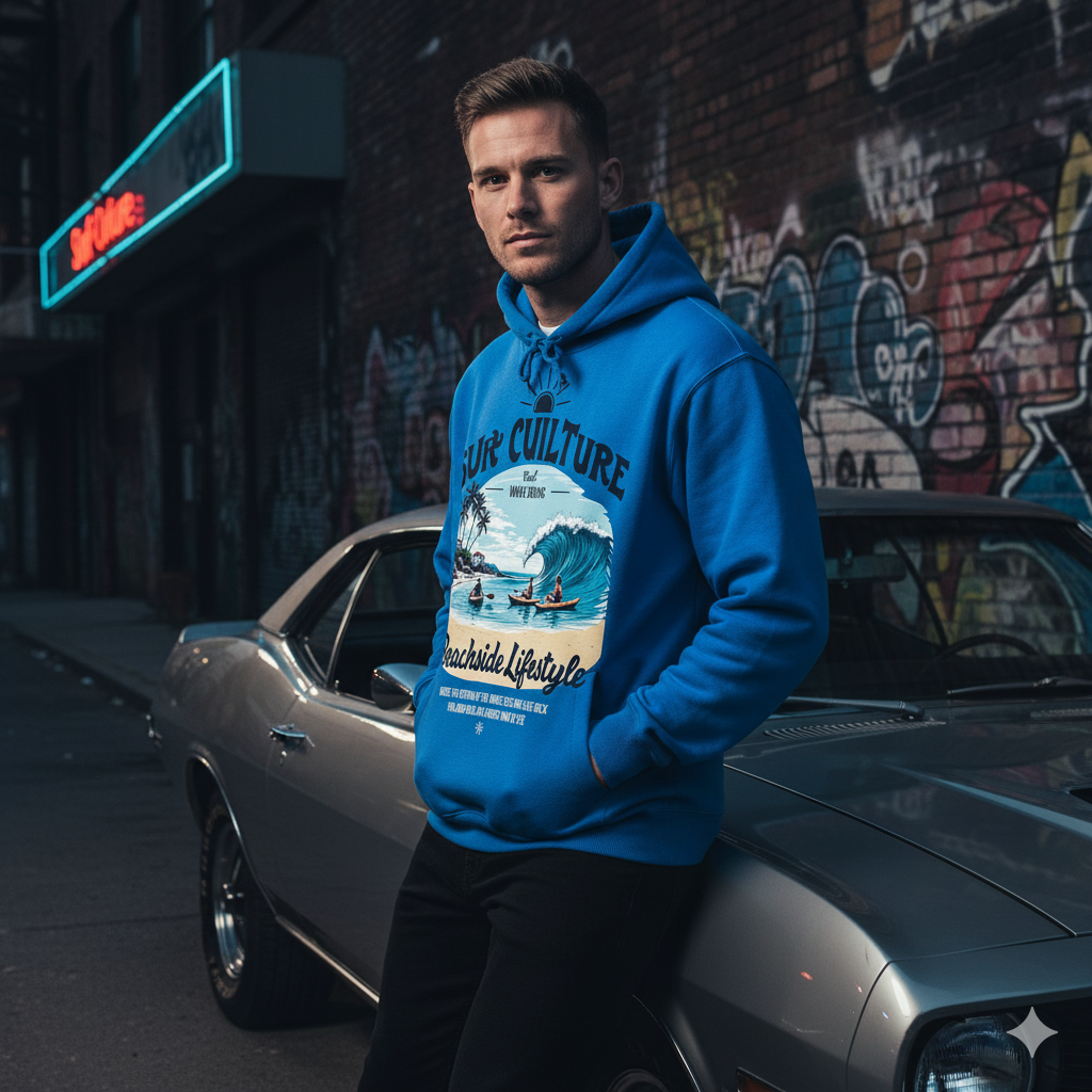 JEVPE men's vintage wave riding beach graphic streetwear pullover hoodie with bold ocean wave design on the front.