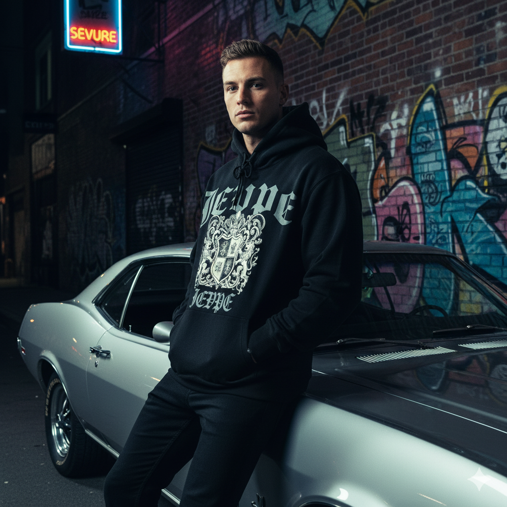 Black gothic crest hoodie for men by JEVPE, oversized vintage streetwear with bold crest design and relaxed fit.