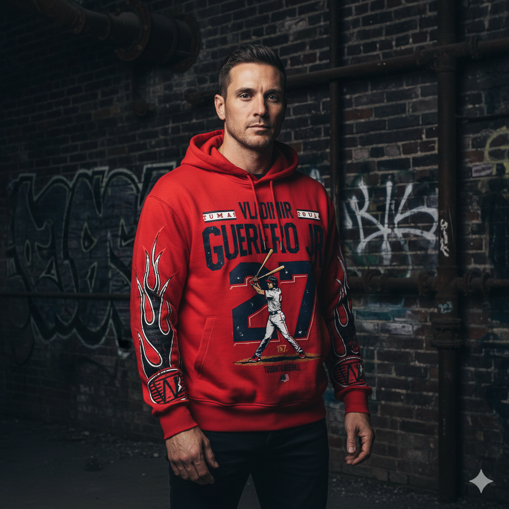 Men's oversized JEVPE hoodie featuring a Vladimir Guerrero Jr. Toronto baseball graphic on the front.