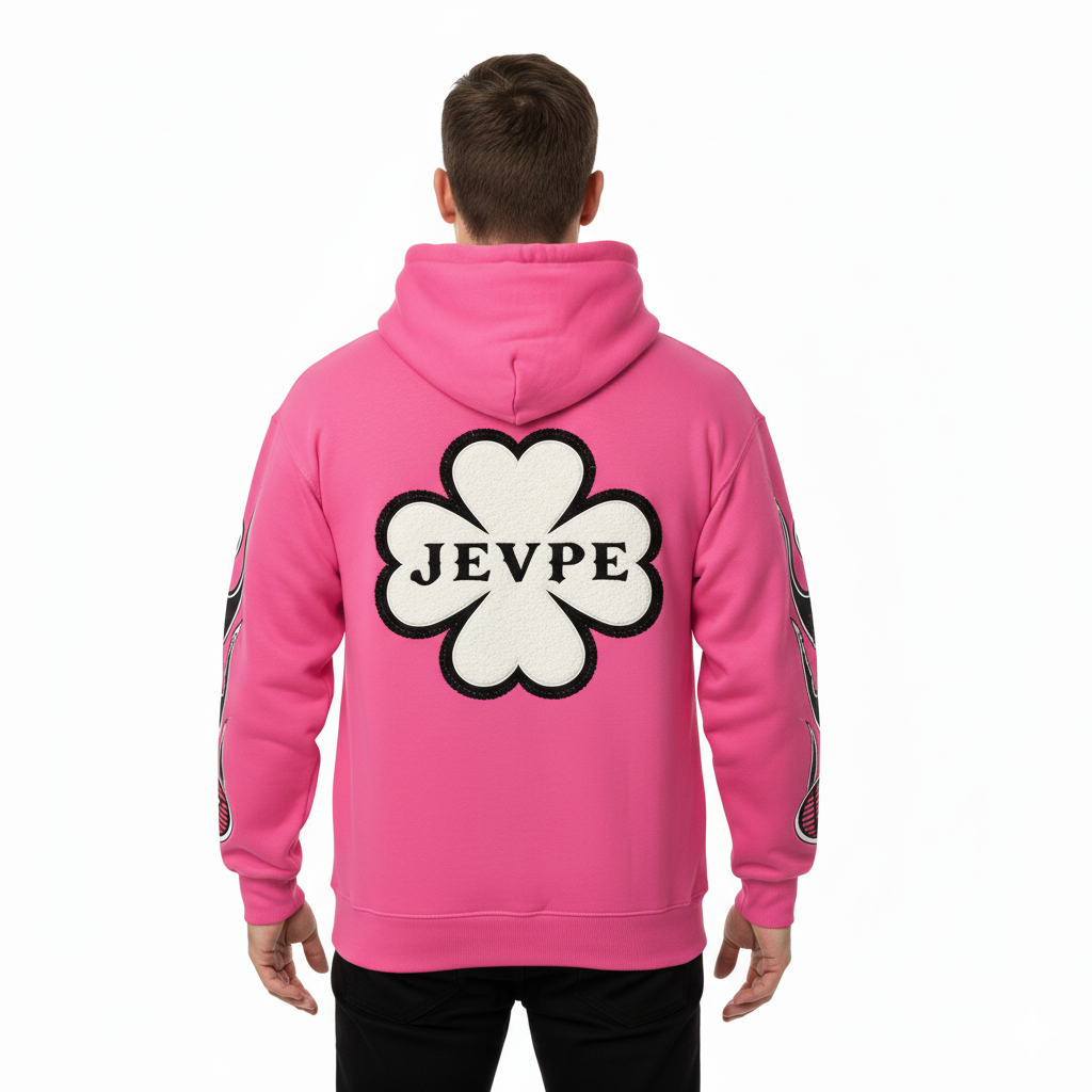 Oversized pink hoodie with a guitar rose graphic and "Raised On Classic Rock" text by JEVPE, featuring a relaxed fit and bold design.