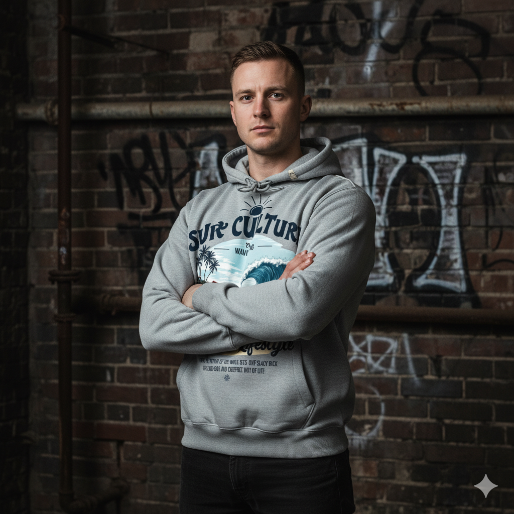 Gray oversized surf culture hoodie for men by JEVPE, featuring a graphic design inspired by beachside lifestyle.