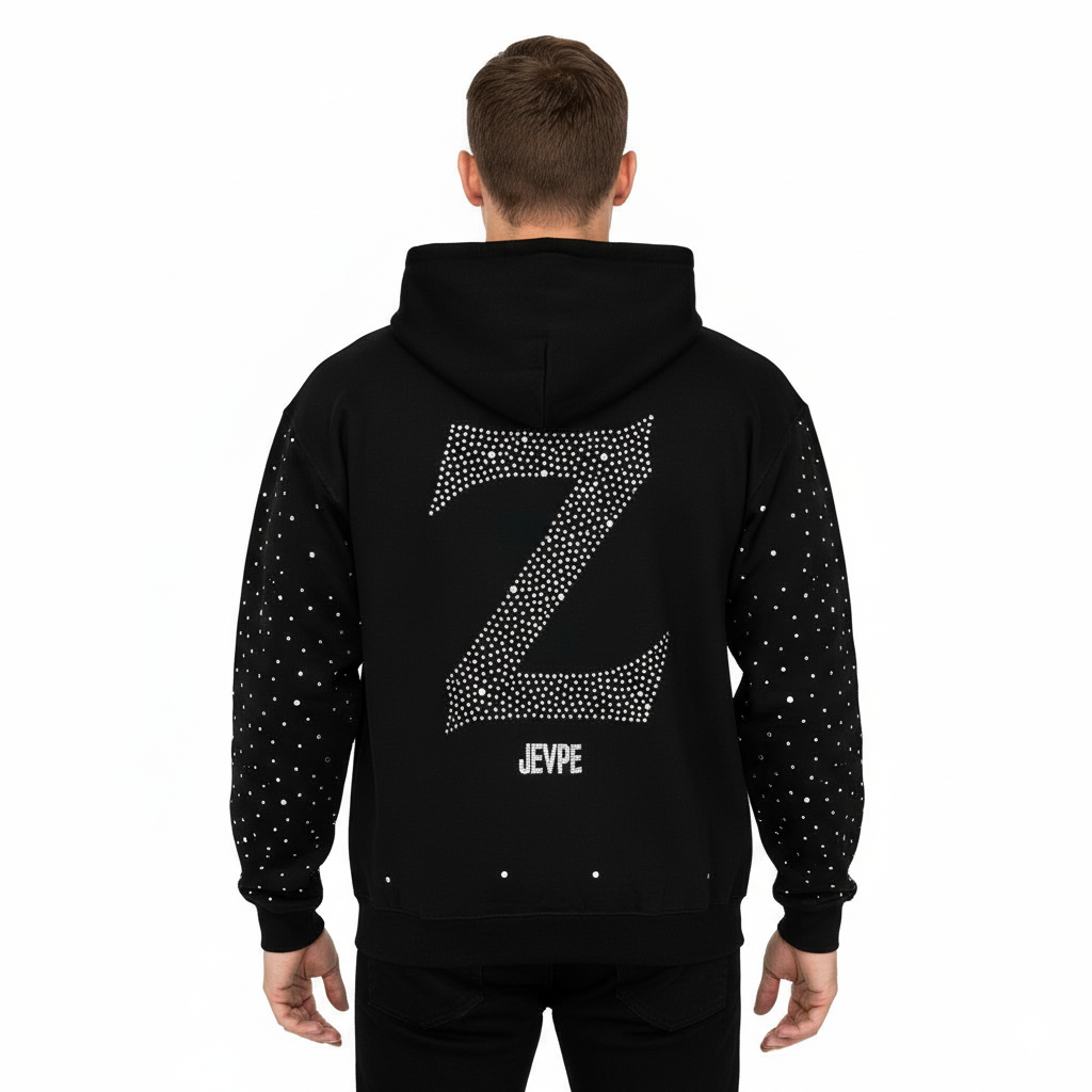 Black oversized JEVPE streetwear hoodie with sparkle rhinestones, full-zip front, casual and stylish for urban fashion.