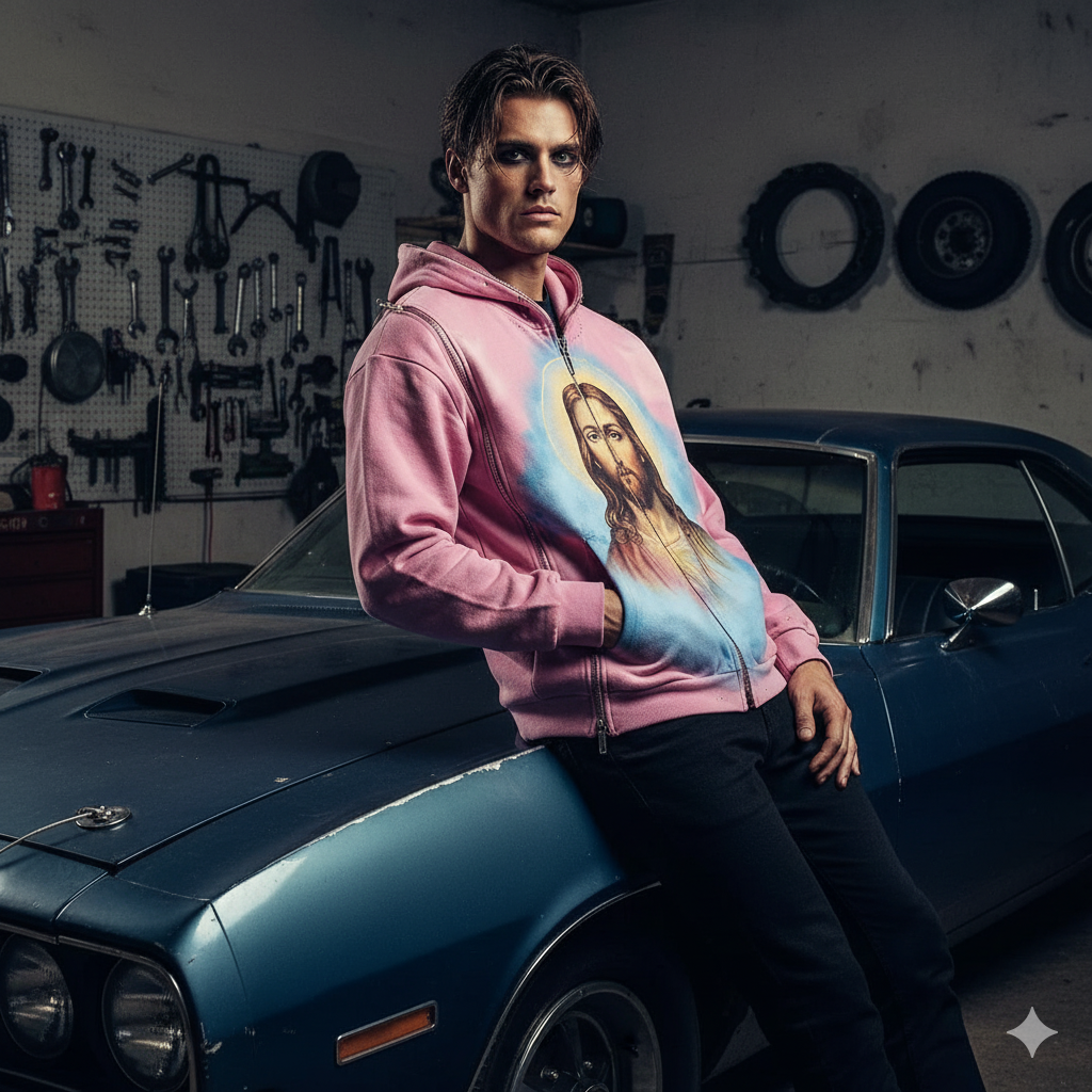 Pink Gothic Jesus graphic oversized hooded sweatshirt with rhinestones and multiple zippers by JEVPE, shown with a relaxed fit.
