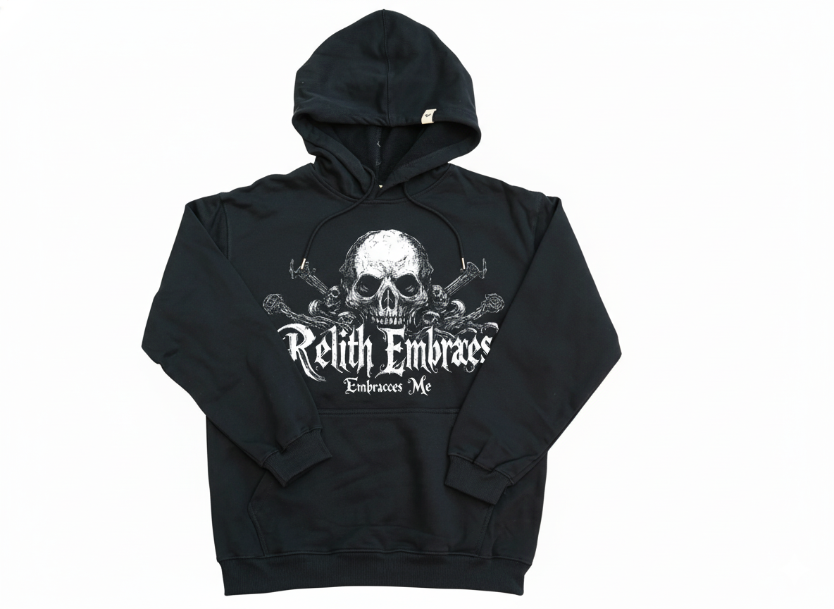 Black oversized hoodie by JEVPE featuring gothic skull and sword graphic design on the front, casual streetwear style.