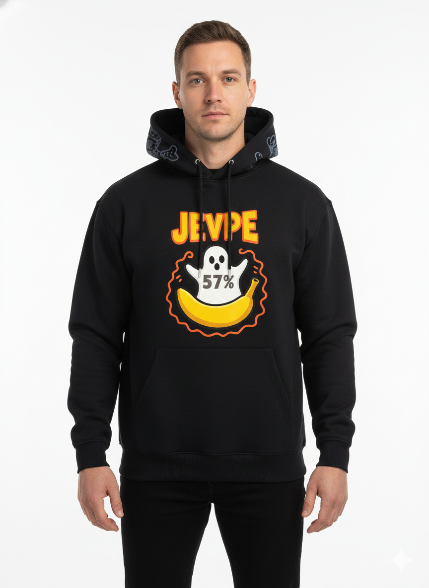 Oversized black hoodie by JEVPE featuring a spooky ghost and banana graphic for Halloween themed fashion.