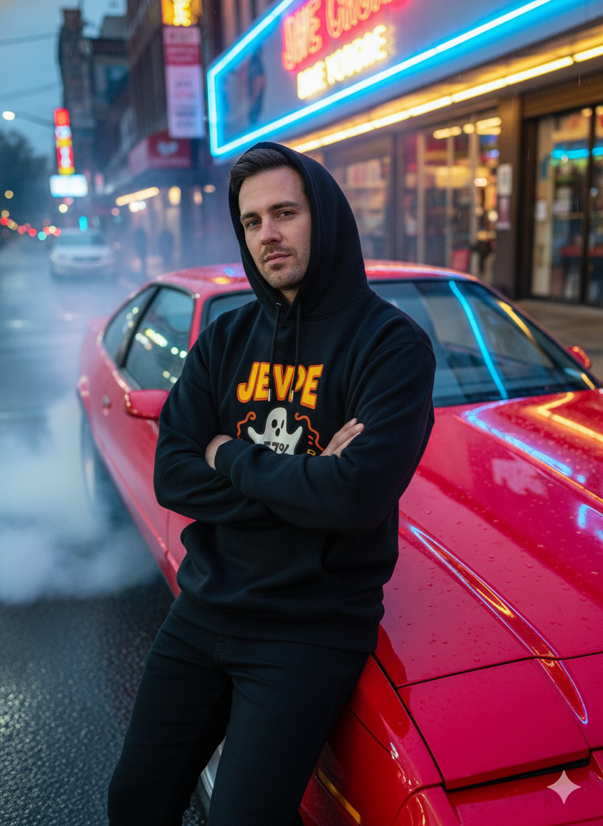 Black oversized hoodie by JEVPE featuring a Halloween ghost and banana graphic design on the front.