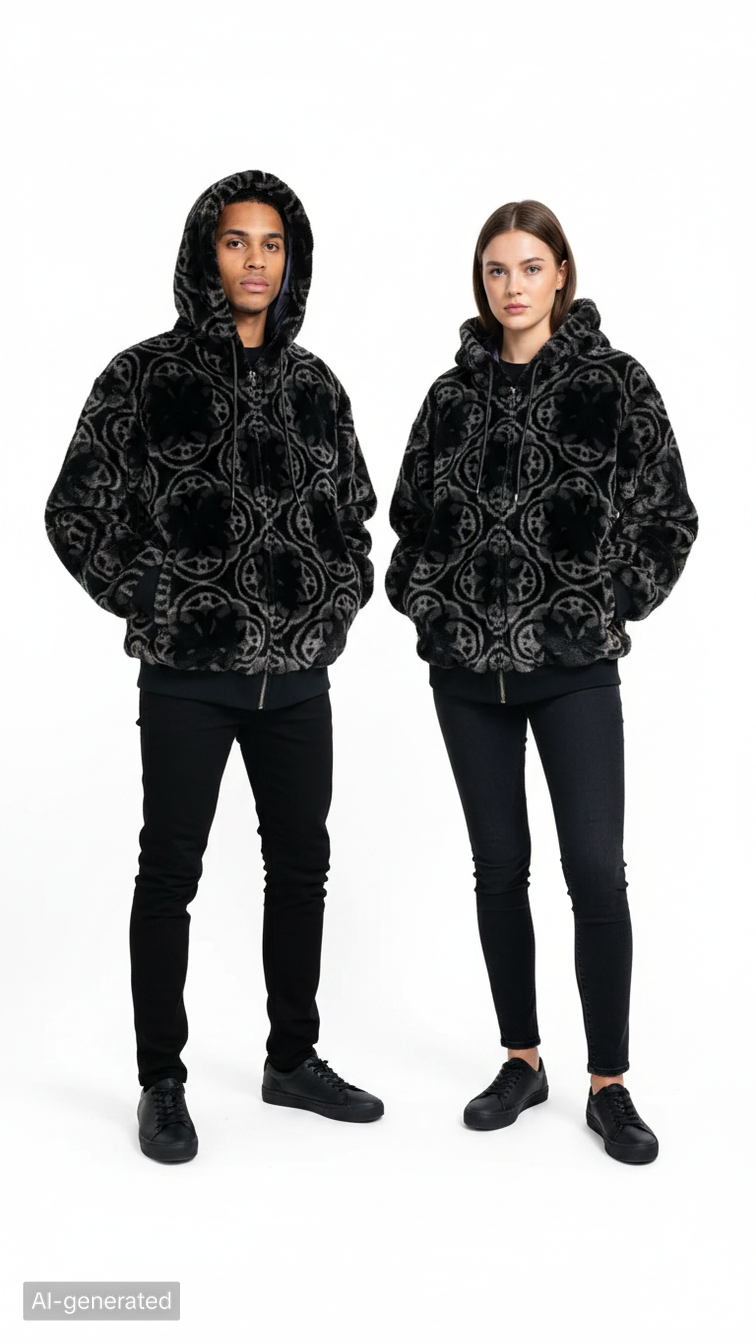 Abstract Circle Print Faux Fur Hooded Jacket | Black Cozy Streetwear Zip-Up Coat