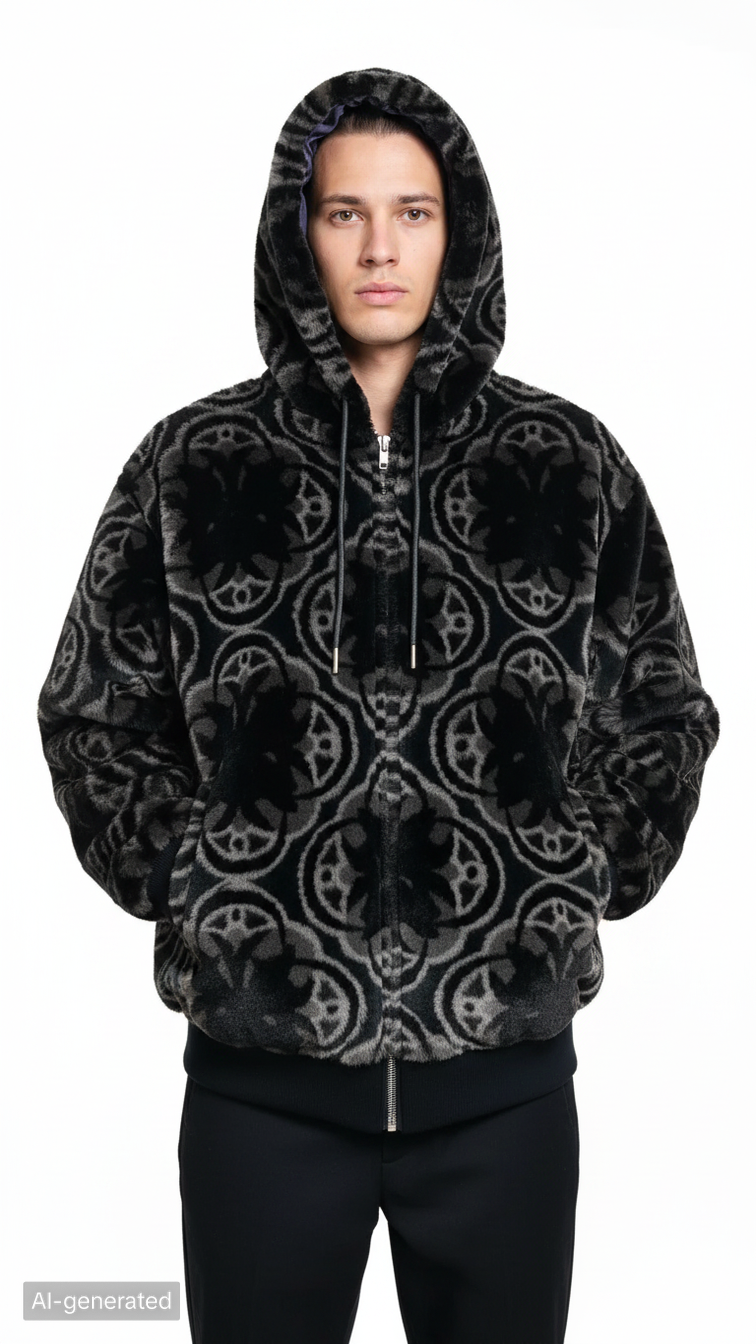 Abstract Circle Print Faux Fur Hooded Jacket | Black Cozy Streetwear Zip-Up Coat