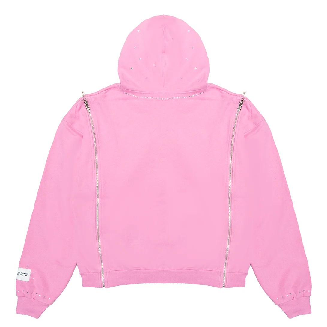 Pink oversized hoodie by JEVPE featuring Gothic Jesus graphic, rhinestones, multi-zip design, and hooded style.