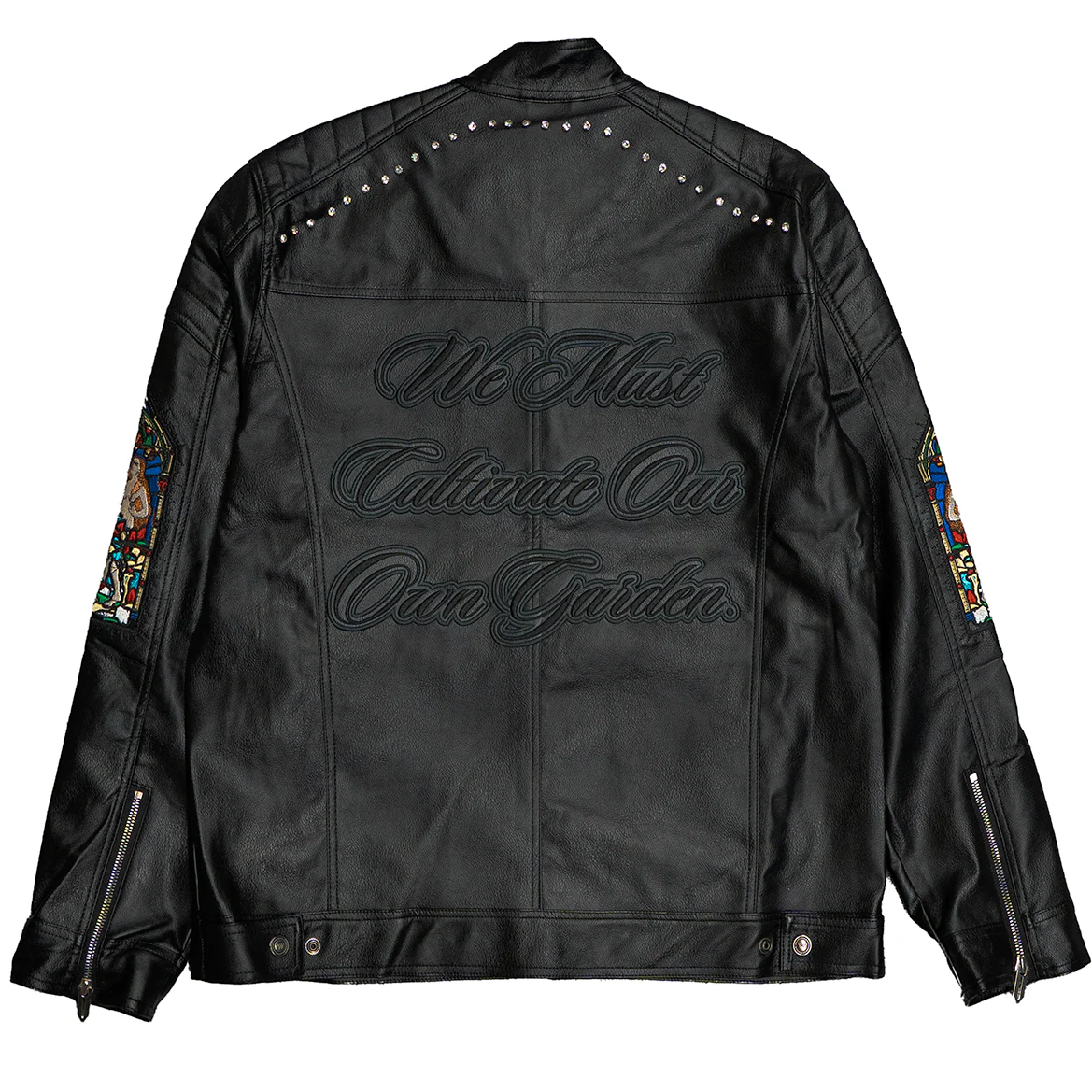Jesus Stained Glass Studded Biker Leather Jacket | Black Gothic Streetwear Moto Coat