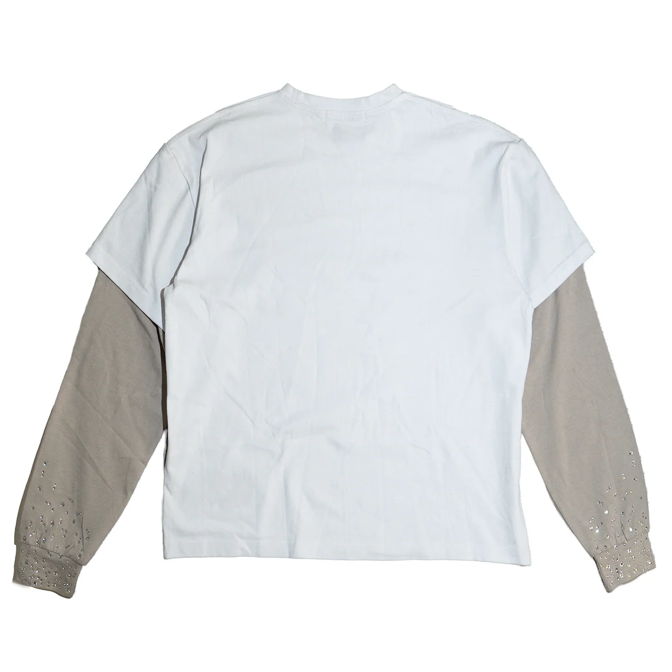 JEVPE men's white and grey faux layer long sleeve T-shirt with rhinestone studded chain print streetwear style