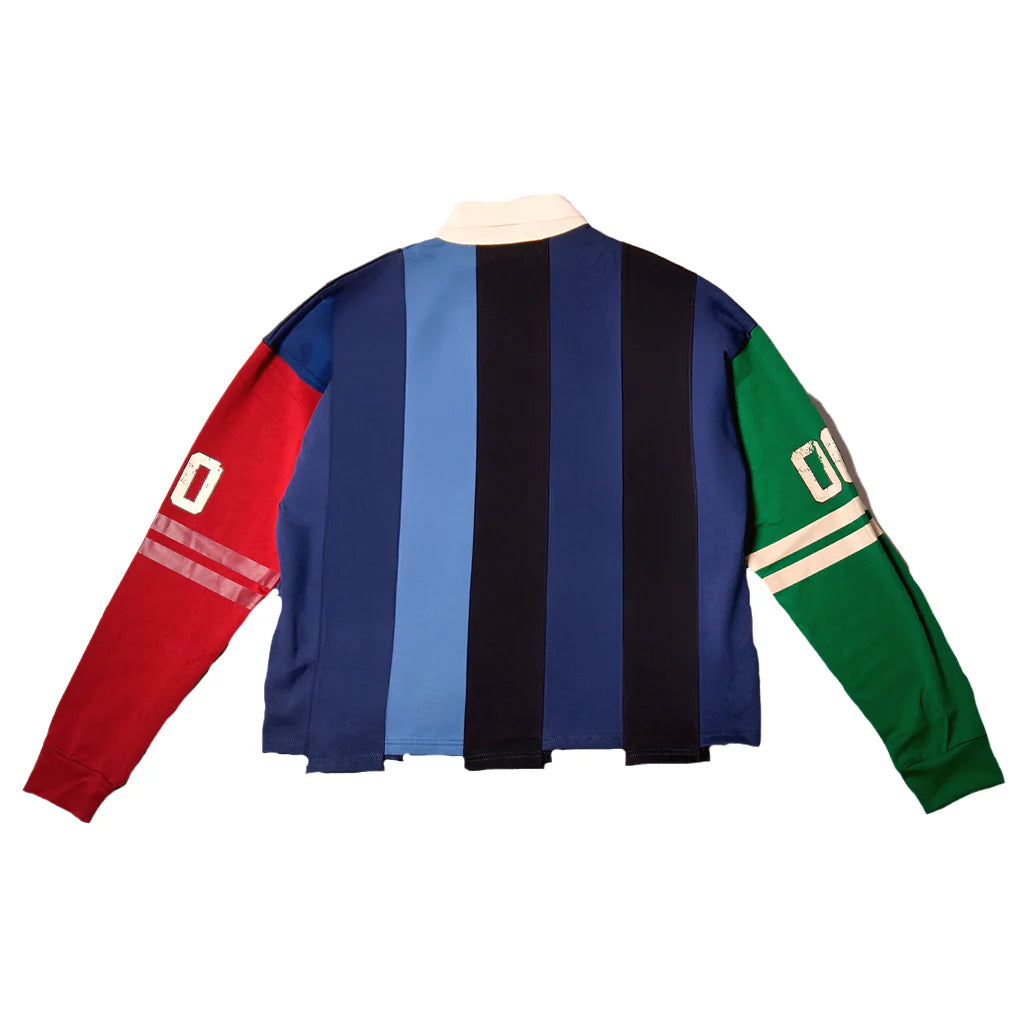 JEVPE men's color block striped chenille rugby polo shirt with contrast sleeves and JEVPE logo, vintage streetwear style.