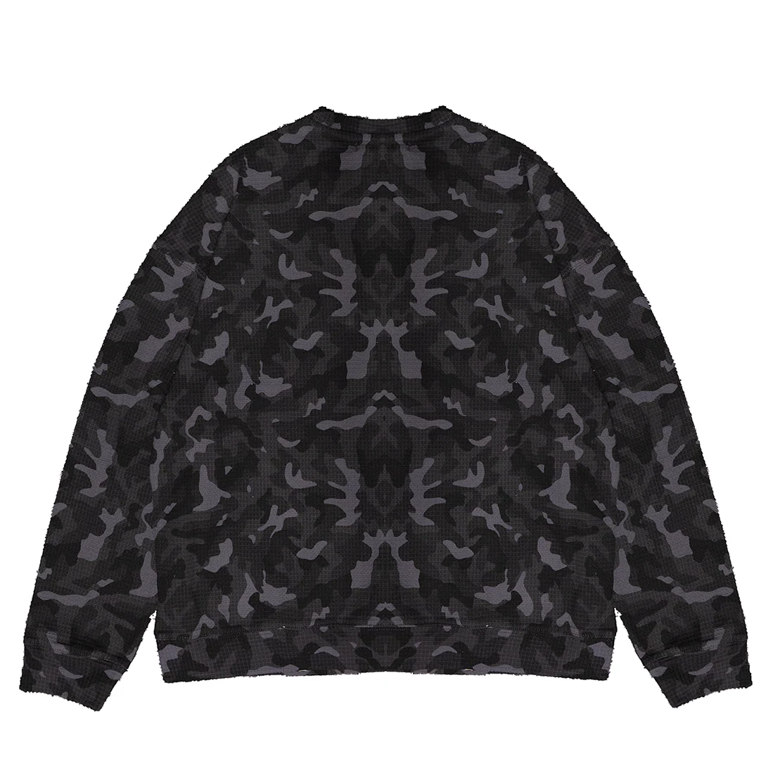 Men's black camo Gothic cross graphic crewneck sweatshirt by JEVPE, featuring ornate design and streetwear style.